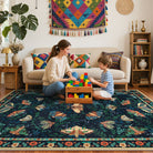 Villette Washable Modern Parisian Insect Blue Rug Area Rugs Lahome