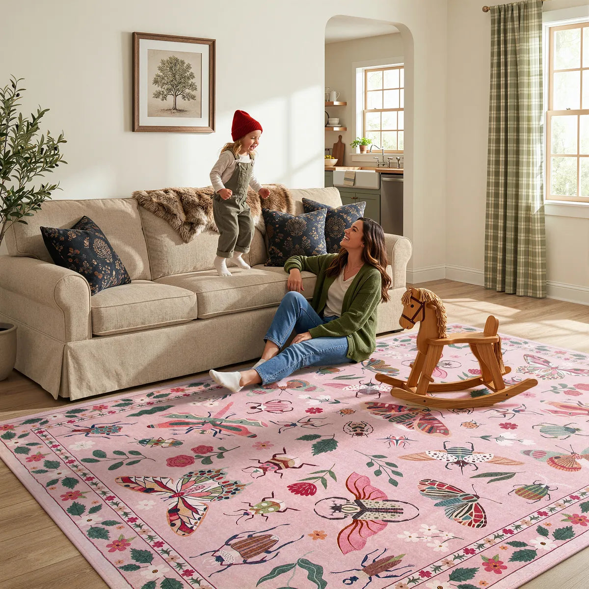 Washable Pink Insect Pattern Rug | Vionnet Cottagecore Modern Style ...