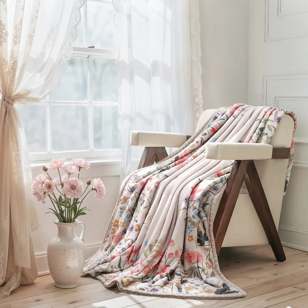 Virelle Washable Modern Blooming Floral Garden Beige Throw Blanket Blanket Lahome