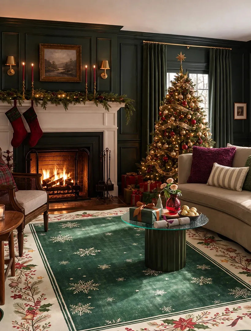 Ariane Christmas Washable Snowflake Garland Green Scalloped Rug