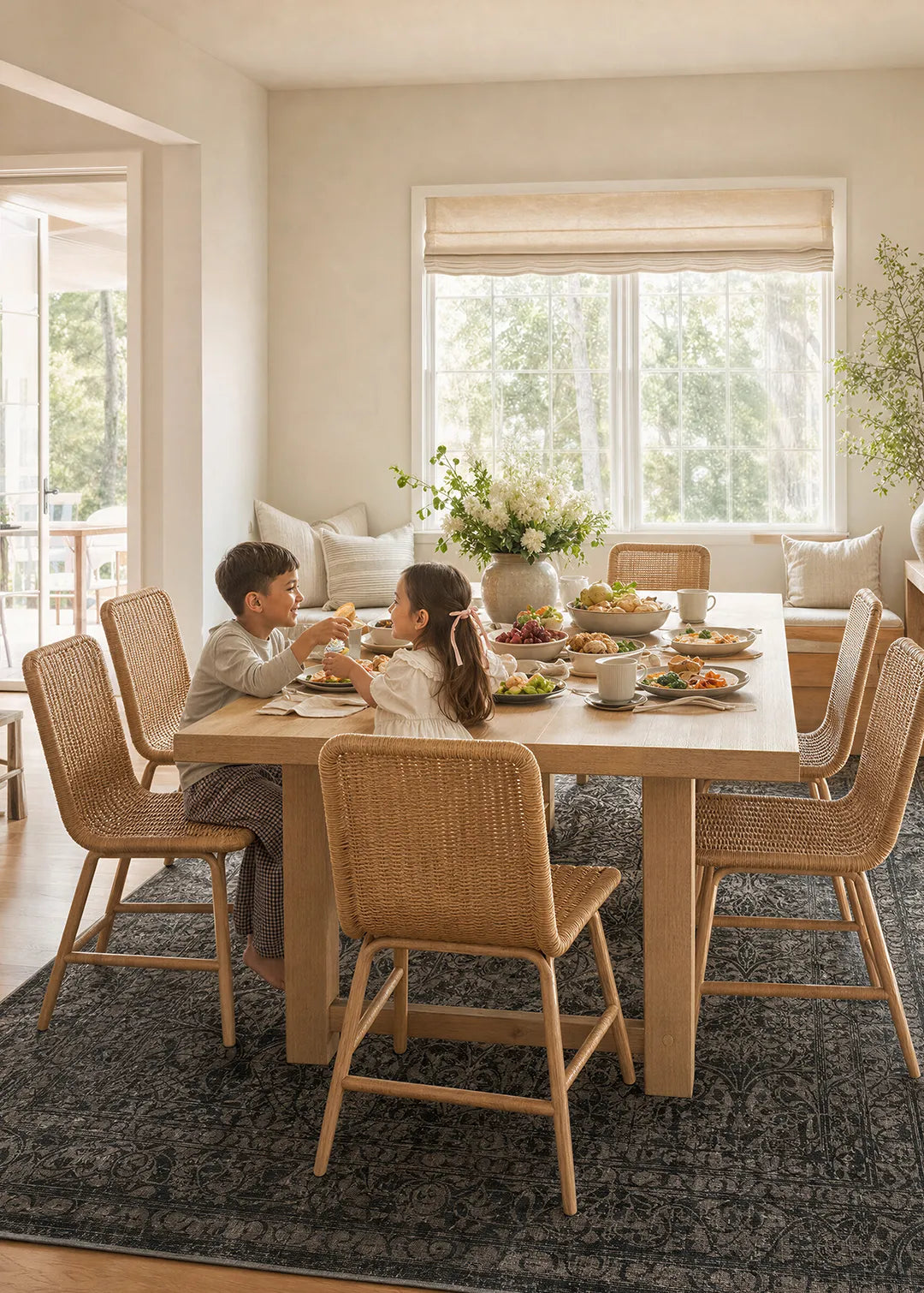 Two children sitting at a dining table in a bright, well-lit room with large windows.
