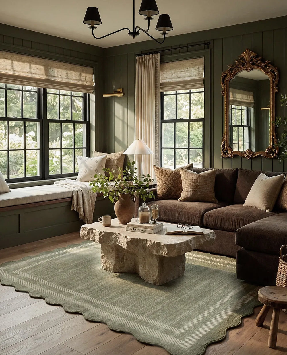 Briva Washable Scalloped Border Sage Green Rug