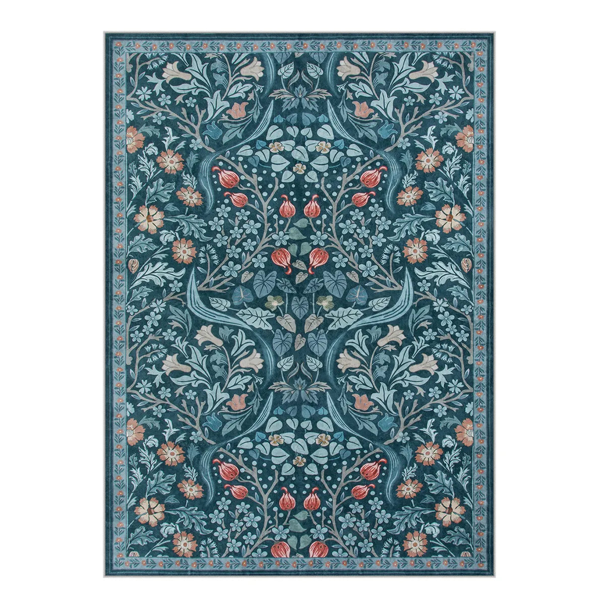 Washable Teal Blue Floral Botanical Rug | Claude Maximalism Style - Lahome