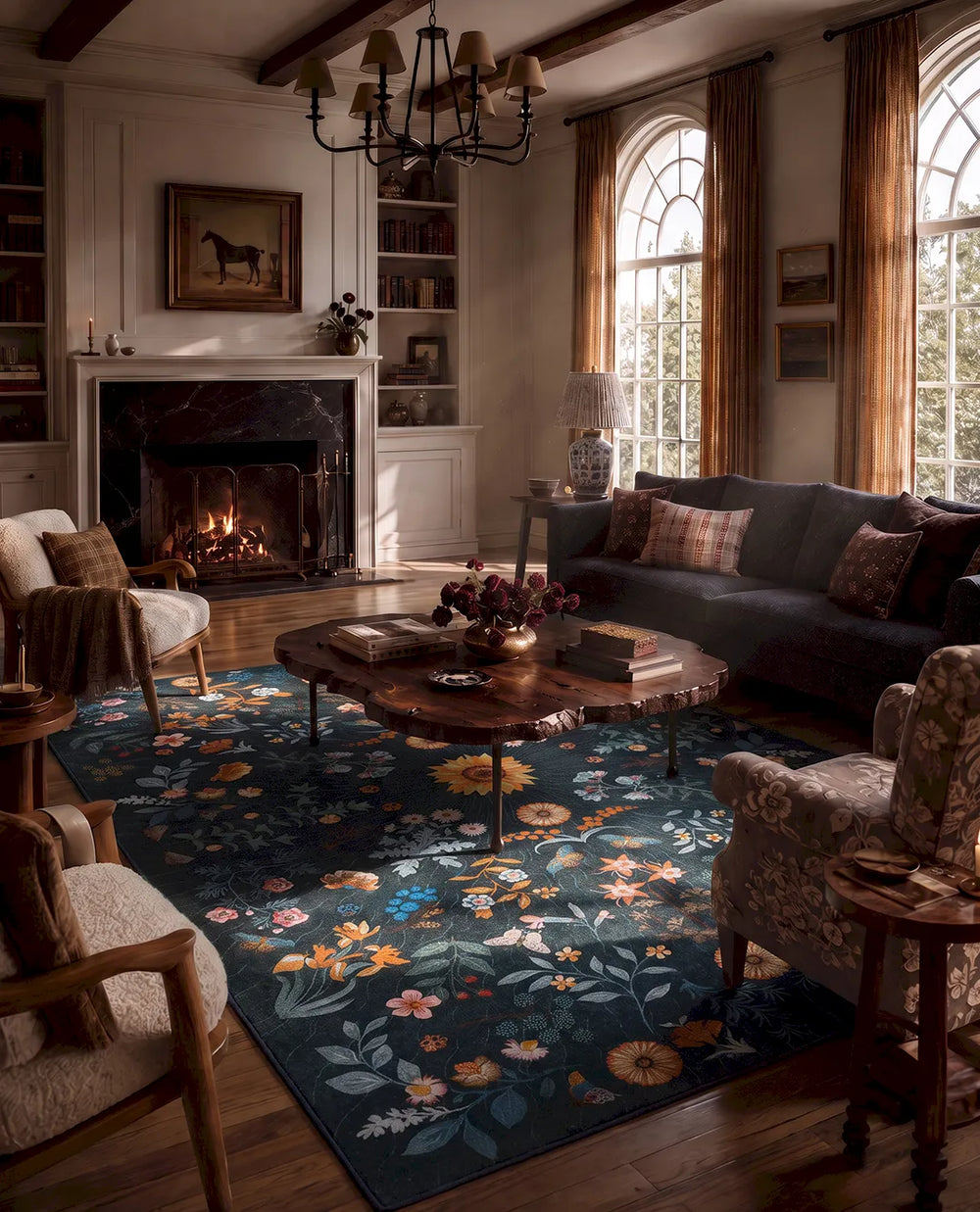 Eclore Washable Boho Botanical Floral Blue Rug