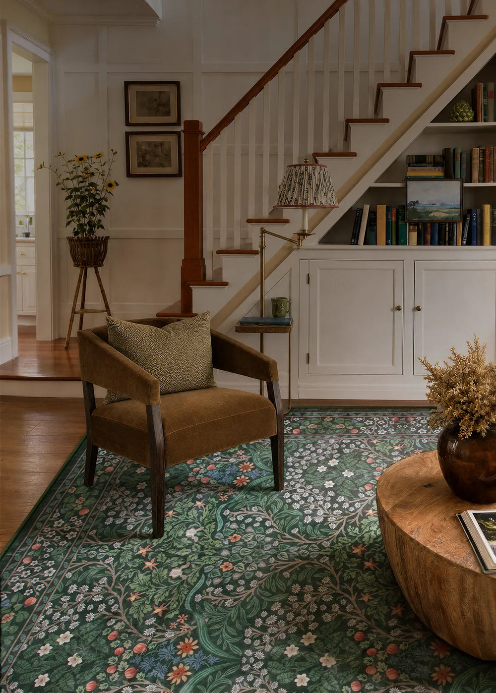 Giverny Washable Maximalism Vintage French Floral Dark Green Rug