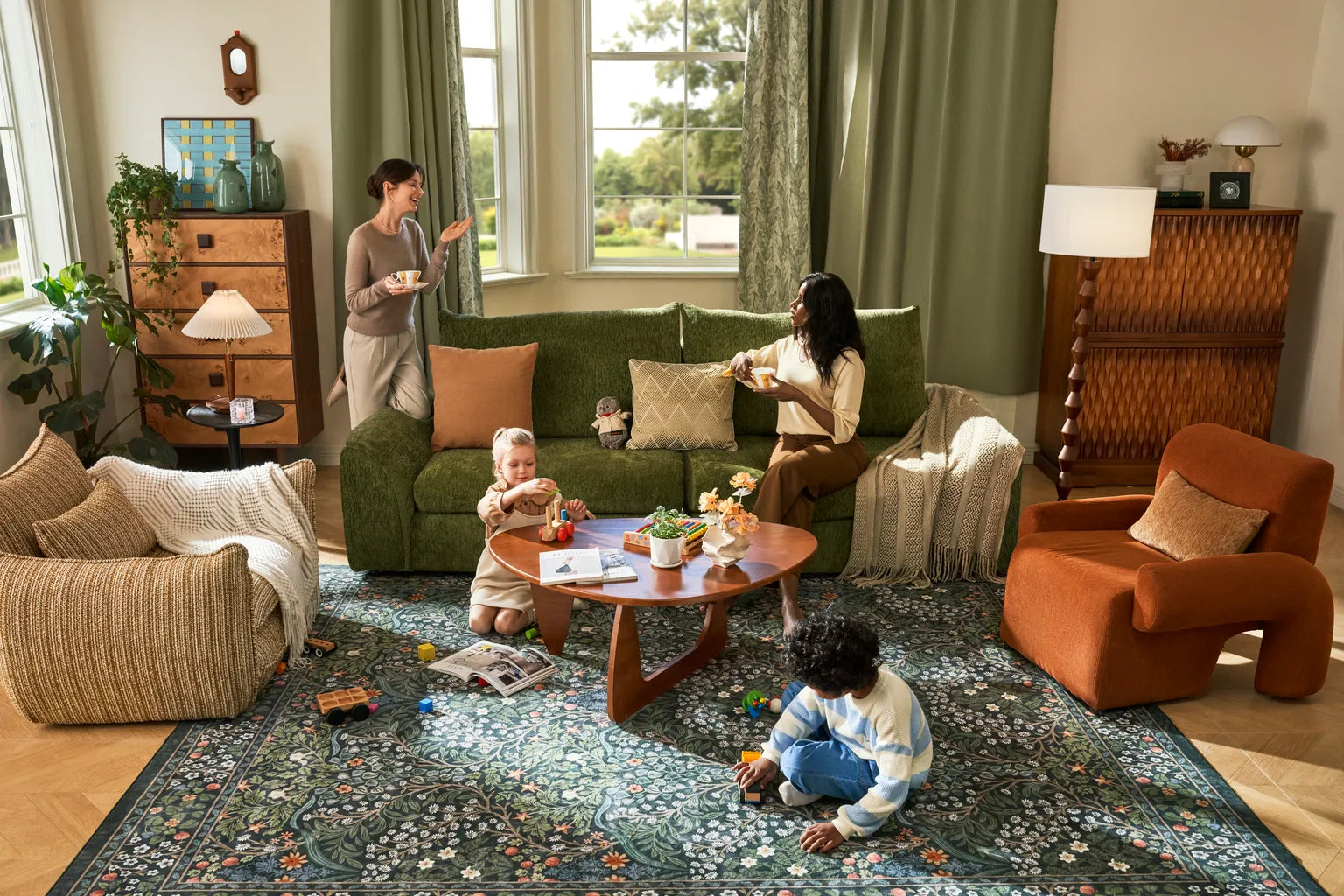 Family in a living room with green sofa, orange armchair, and children playing on a patterned rug.