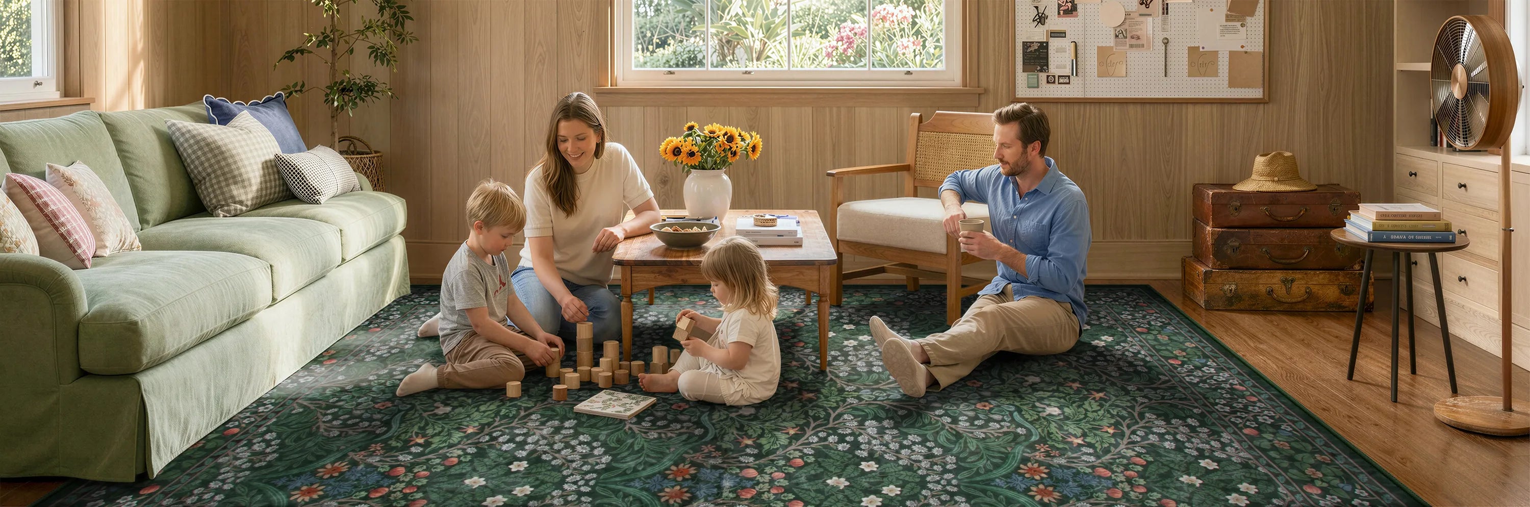 Family sitting on a patterned rug in a cozy living room.