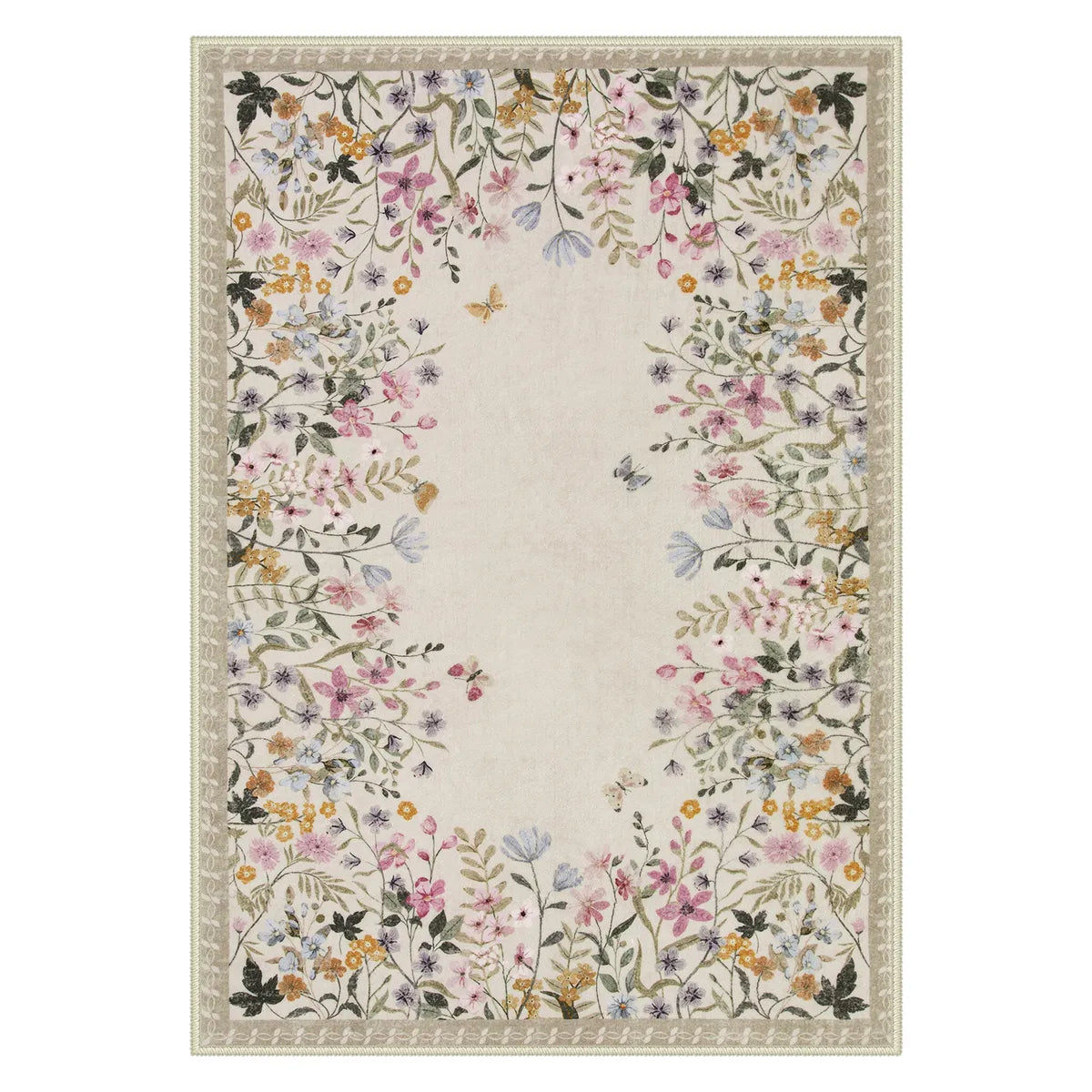 Bee Area Rug Washable Beige Floral Garden Rug | Solene Blooming Style - Lahome