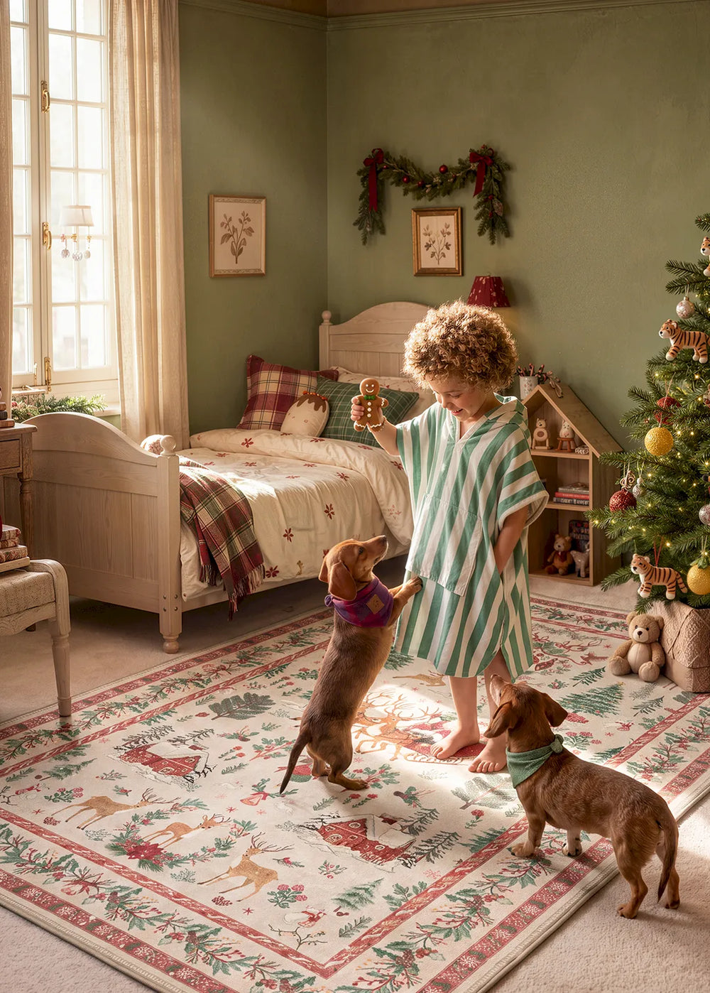 Olivier Christmas Washable Santa and Reindeer Beige Rug