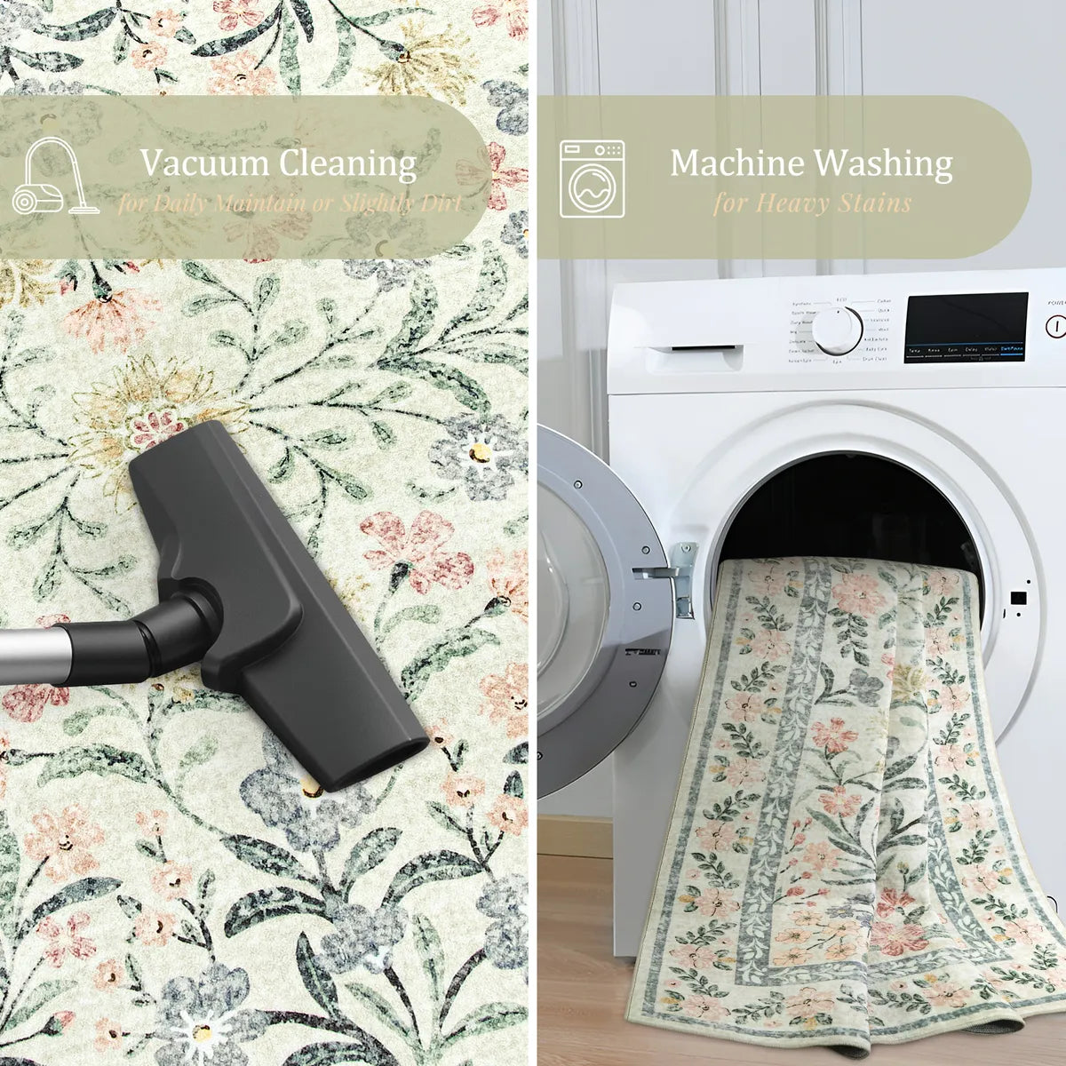 Sylvie Washable Boho Modern Parisian Garden Floral Beige Rug Area Rugs Lahome