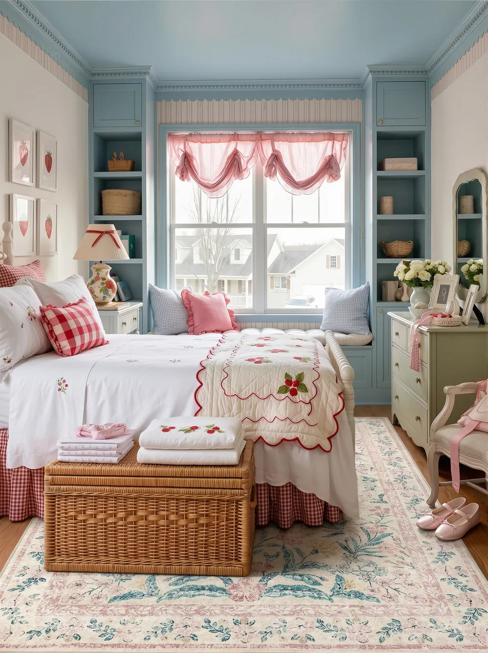Children's bedroom with blue walls, pink accents, and a large window.