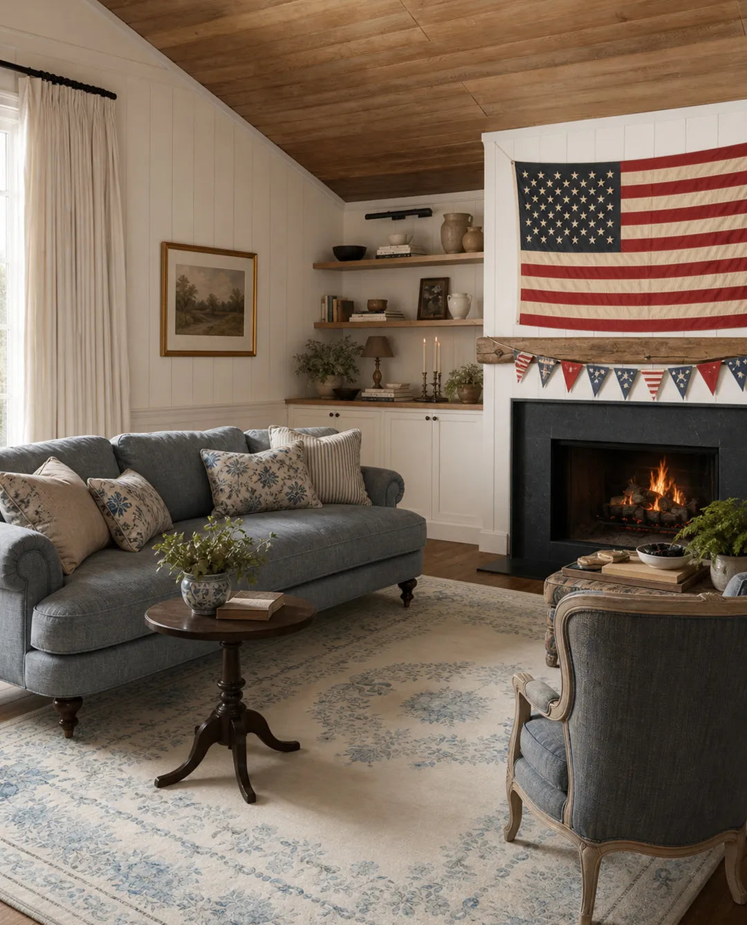 Cozy living room with gray sofa, American flag, and fireplace.