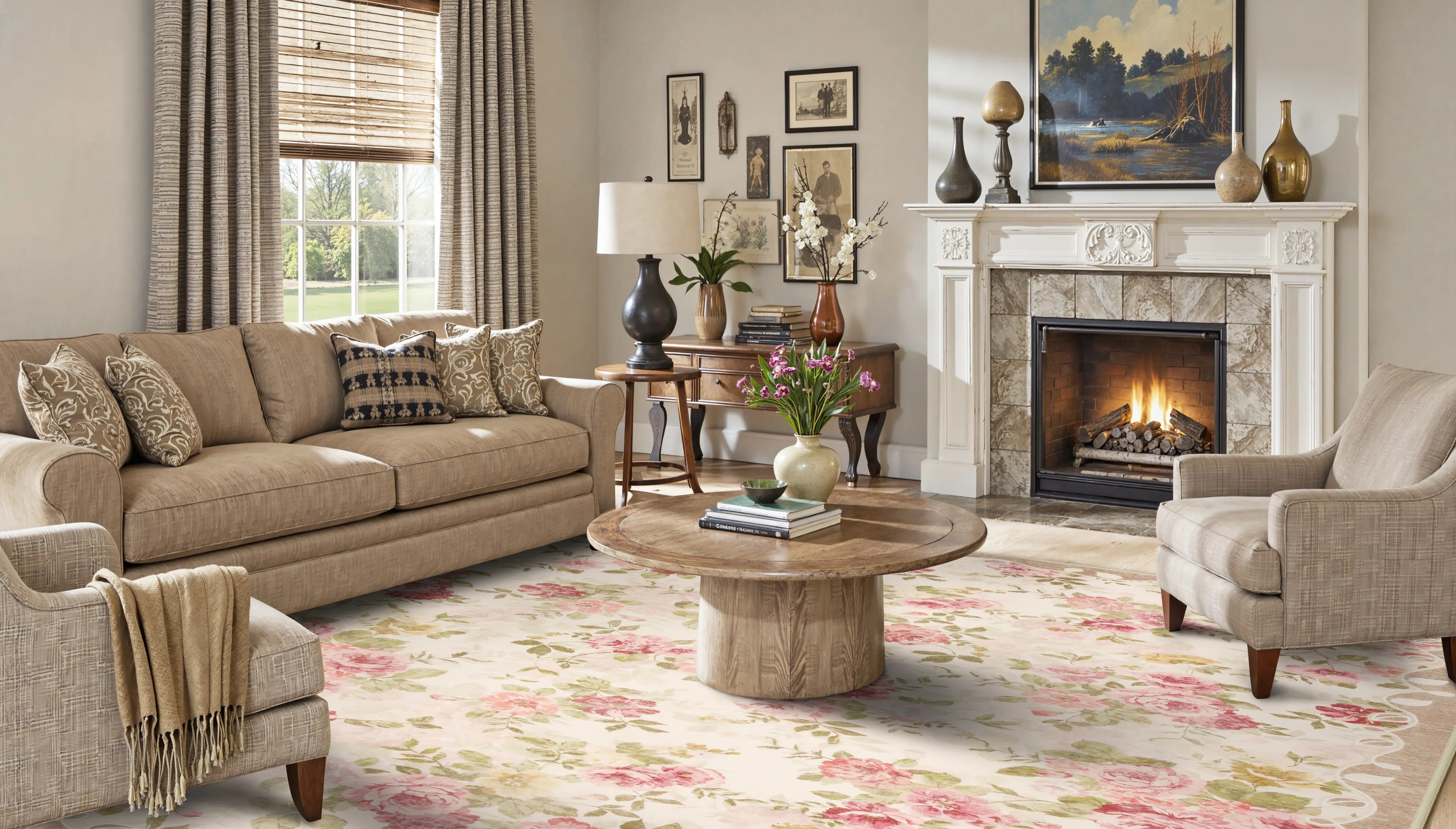 Living room with beige rug, sofa, armchair, coffee table, and fireplace.