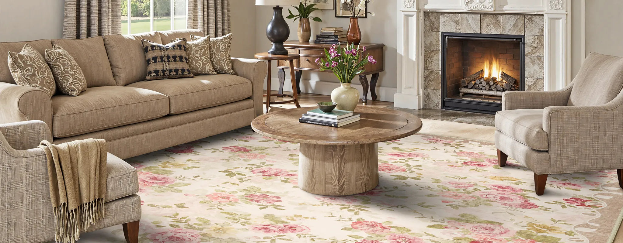 Living room with beige sofa, armchair, coffee table, and fireplace.