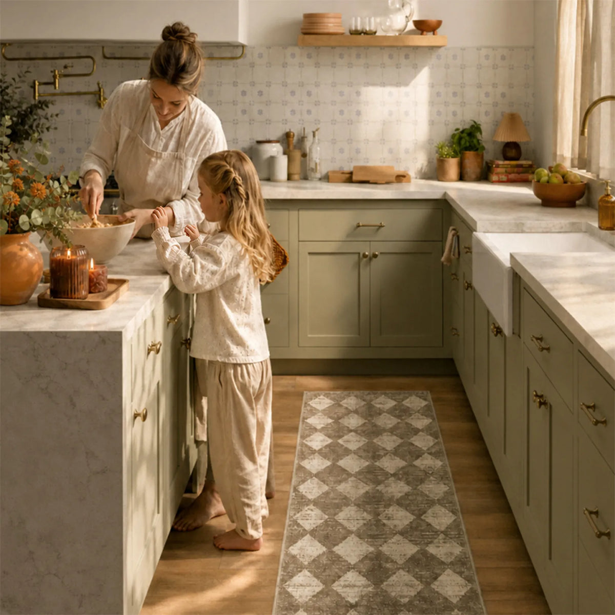 A woman and a young girl in matching cream pajamas cook together in a warm, modern kitchen with sage green cabinets, white marble countertops, and a gray-and-white diamond-patterned runner rug on the floor.