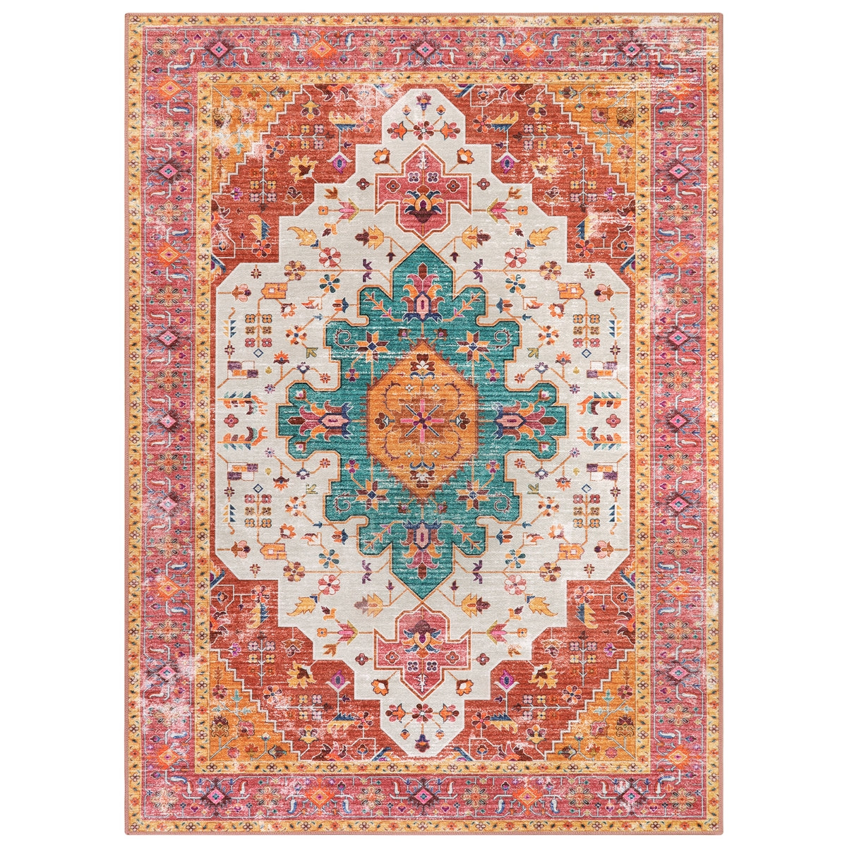 Ultra-Thin Washable Persian Vintage Floral Pink & Teal Area Rug