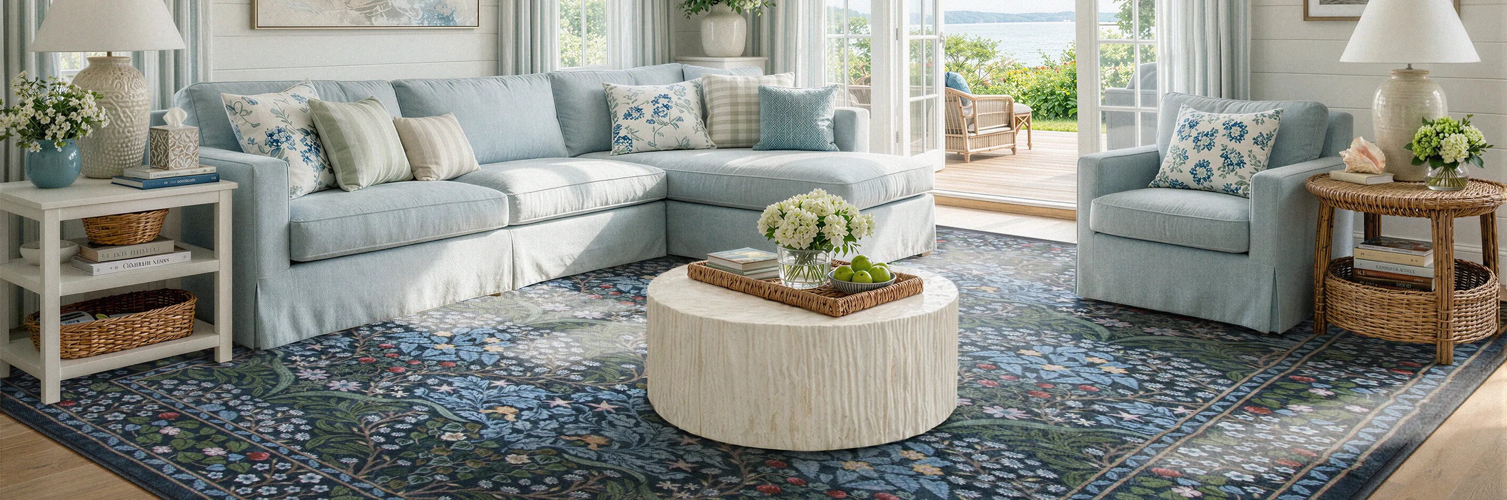 Living room with light blue sectional sofa, coffee table, and decorative items.