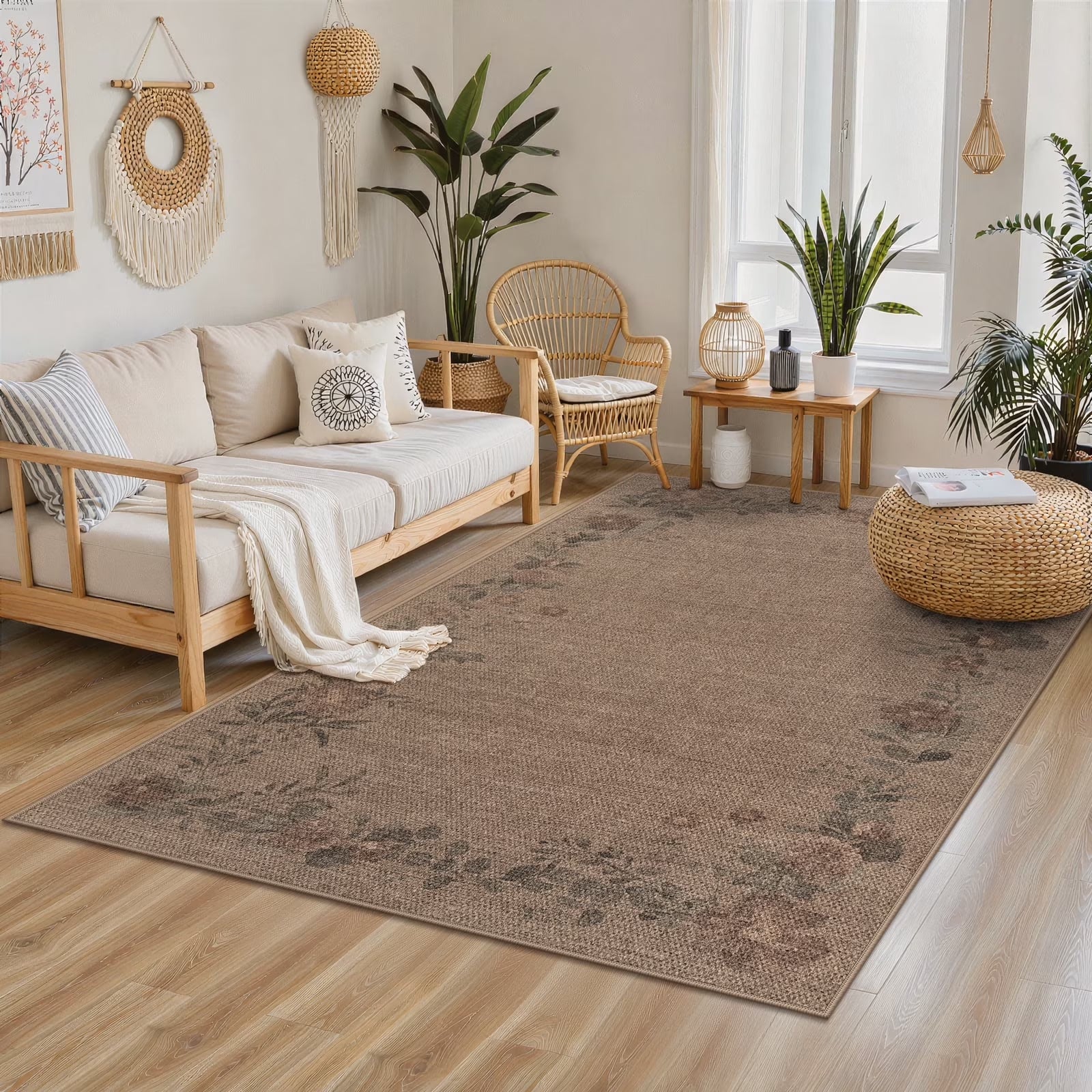 SUNDEREY Floral Easy Jute Rug,Area Rug Washable Bedroom Rug,Easy Jute Indoor Outdoor Carpet, Farmhouse Non Slip Khaki Floor Rug for Dining Room Office Entrance Kitchen Walmart Walmart 5' x 7' Wreath & Fleur