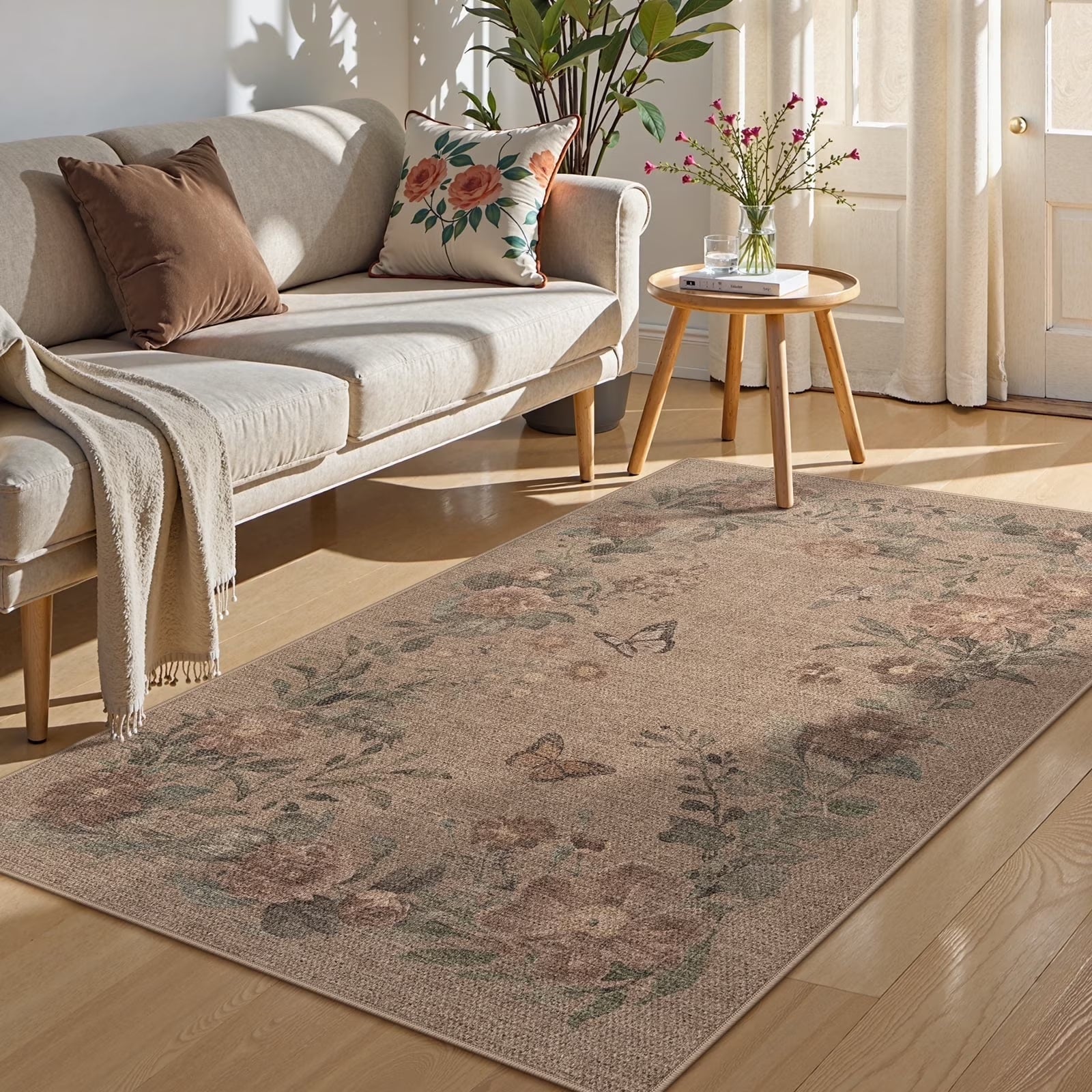 SUNDEREY Floral Easy Jute Rug,Area Rug Washable Bedroom Rug,Easy Jute Indoor Outdoor Carpet, Farmhouse Non Slip Khaki Floor Rug for Dining Room Office Entrance Kitchen Walmart Walmart