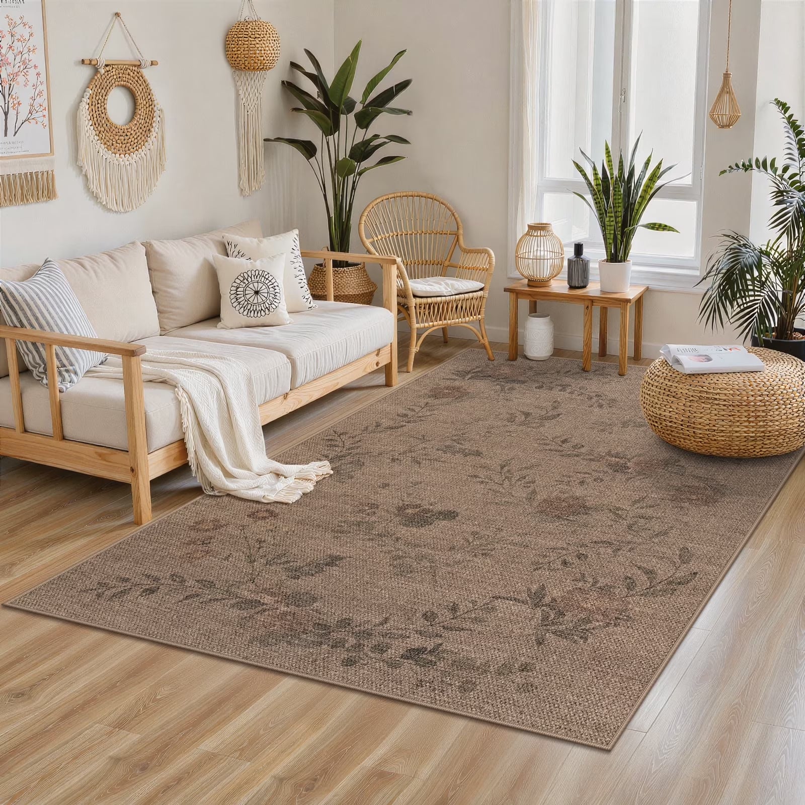 SUNDEREY Floral Easy Jute Rug,Area Rug Washable Bedroom Rug,Easy Jute Indoor Outdoor Carpet, Farmhouse Non Slip Khaki Floor Rug for Dining Room Office Entrance Kitchen Walmart Walmart