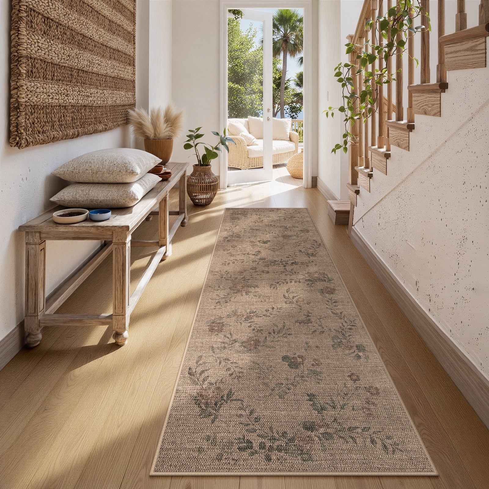SUNDEREY Floral Easy Jute Rug,Area Rug Washable Bedroom Rug,Easy Jute Indoor Outdoor Carpet, Farmhouse Non Slip Khaki Floor Rug for Dining Room Office Entrance Kitchen Walmart Walmart 2'6''x8' Butterfly & Fleur