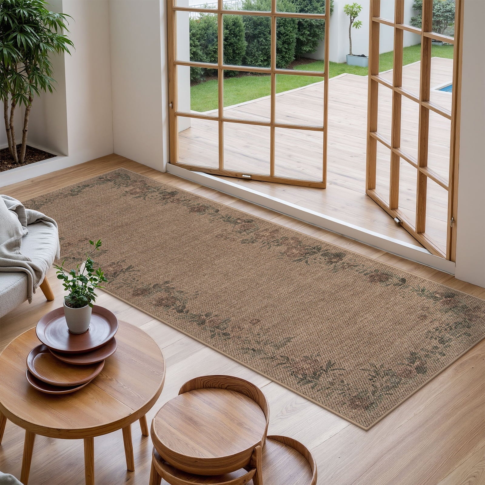 SUNDEREY Floral Easy Jute Rug,Area Rug Washable Bedroom Rug,Easy Jute Indoor Outdoor Carpet, Farmhouse Non Slip Khaki Floor Rug for Dining Room Office Entrance Kitchen Walmart Walmart