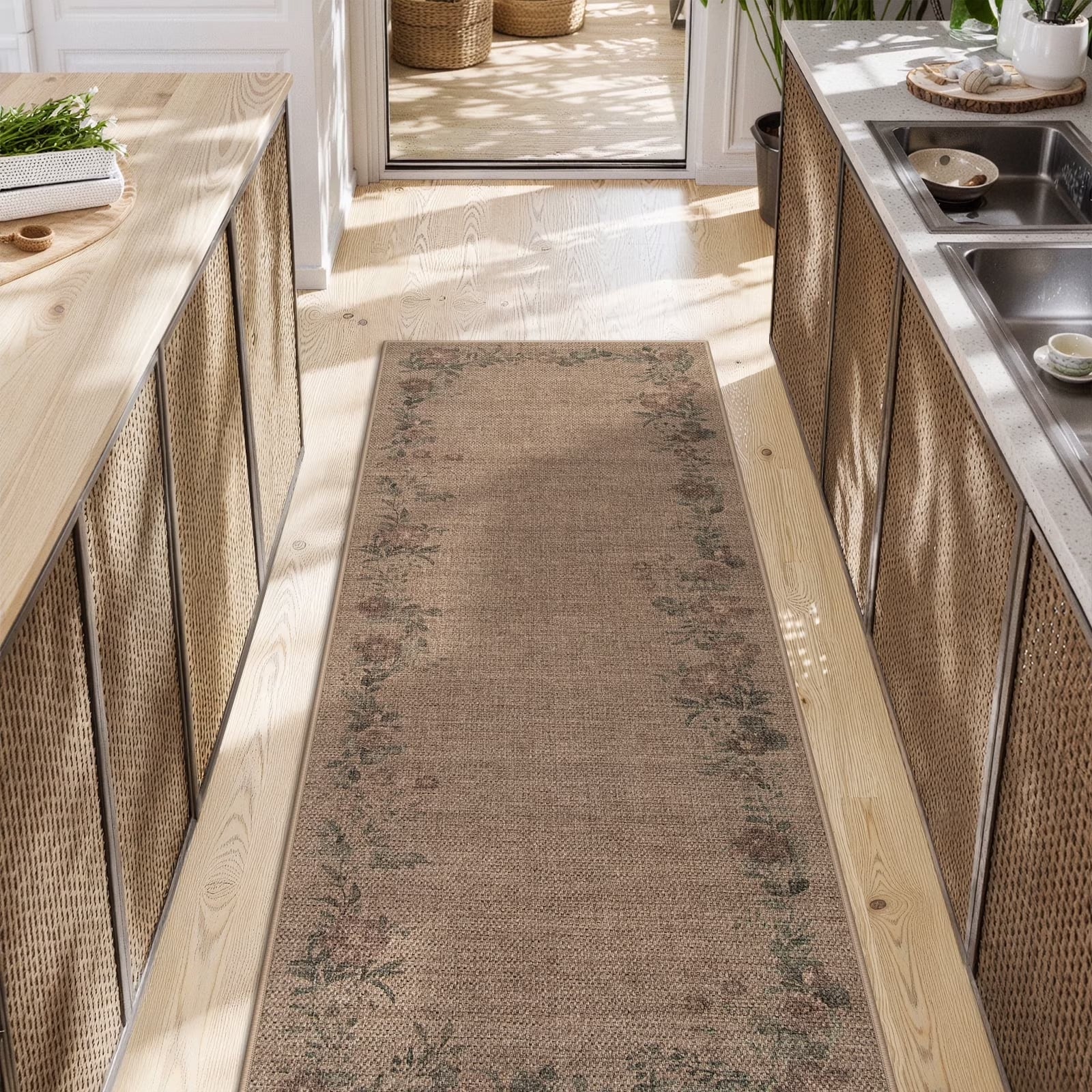 SUNDEREY Floral Easy Jute Rug,Area Rug Washable Bedroom Rug,Easy Jute Indoor Outdoor Carpet, Farmhouse Non Slip Khaki Floor Rug for Dining Room Office Entrance Kitchen Walmart Walmart