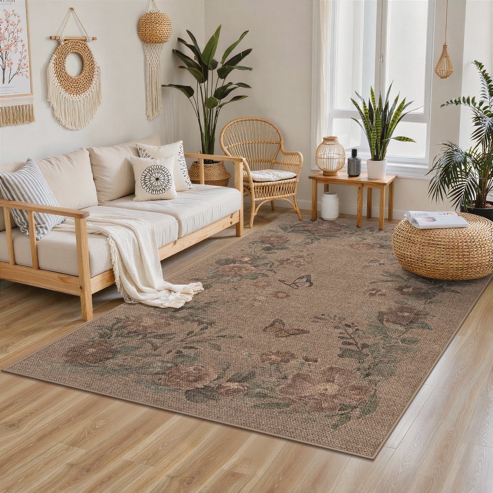 SUNDEREY Floral Easy Jute Rug,Area Rug Washable Bedroom Rug,Easy Jute Indoor Outdoor Carpet, Farmhouse Non Slip Khaki Floor Rug for Dining Room Office Entrance Kitchen Walmart Walmart 5' x 7' Vine & Fleur