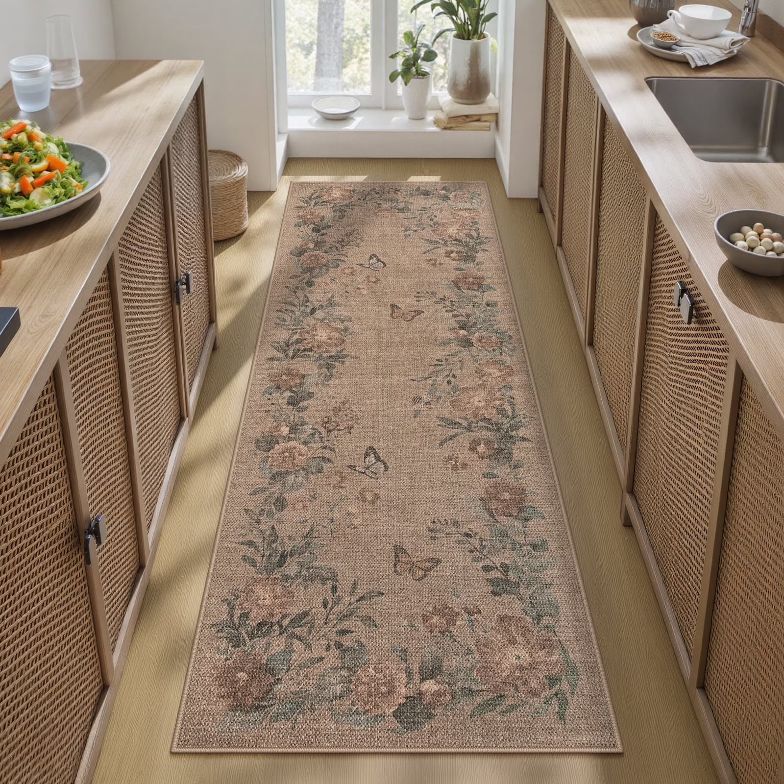 SUNDEREY Floral Easy Jute Rug,Area Rug Washable Bedroom Rug,Easy Jute Indoor Outdoor Carpet, Farmhouse Non Slip Khaki Floor Rug for Dining Room Office Entrance Kitchen Walmart Walmart
