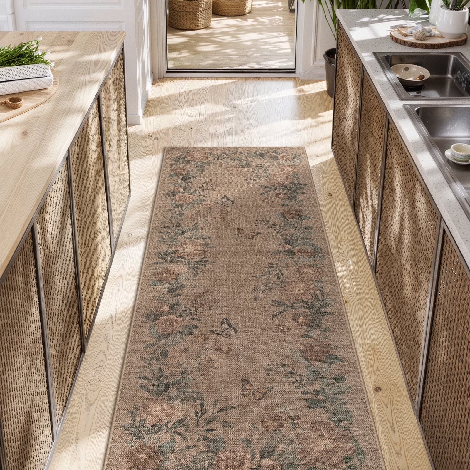 SUNDEREY Floral Easy Jute Rug,Area Rug Washable Bedroom Rug,Easy Jute Indoor Outdoor Carpet, Farmhouse Non Slip Khaki Floor Rug for Dining Room Office Entrance Kitchen Walmart Walmart 2'x6' Vine & Fleur