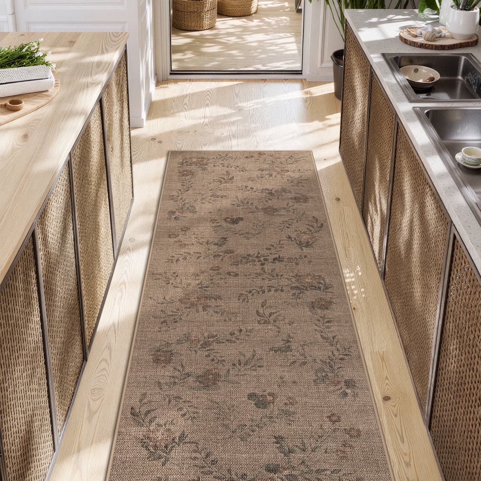 SUNDEREY Floral Easy Jute Rug,Area Rug Washable Bedroom Rug,Easy Jute Indoor Outdoor Carpet, Farmhouse Non Slip Khaki Floor Rug for Dining Room Office Entrance Kitchen Walmart Walmart