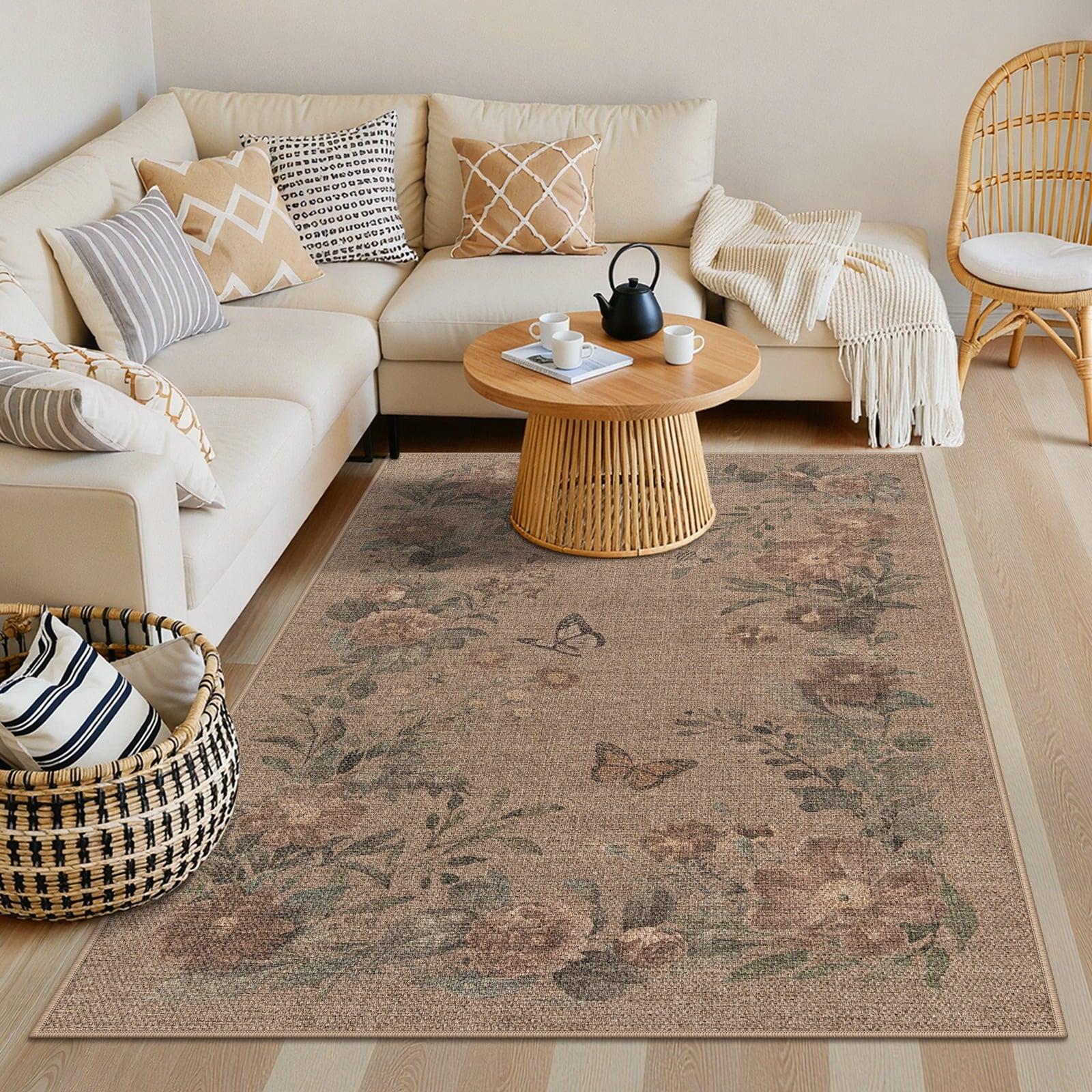 SUNDEREY Floral Easy Jute Rug,Area Rug Washable Bedroom Rug,Easy Jute Indoor Outdoor Carpet, Farmhouse Non Slip Khaki Floor Rug for Dining Room Office Entrance Kitchen Walmart Walmart