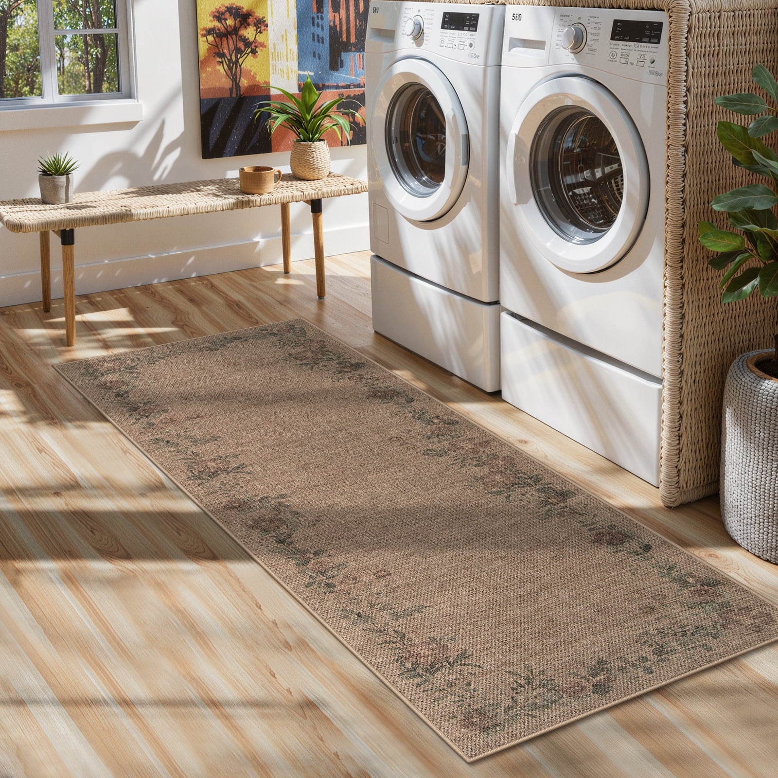 SUNDEREY Floral Easy Jute Rug,Area Rug Washable Bedroom Rug,Easy Jute Indoor Outdoor Carpet, Farmhouse Non Slip Khaki Floor Rug for Dining Room Office Entrance Kitchen Walmart Walmart 2'x6' Wreath & Fleur