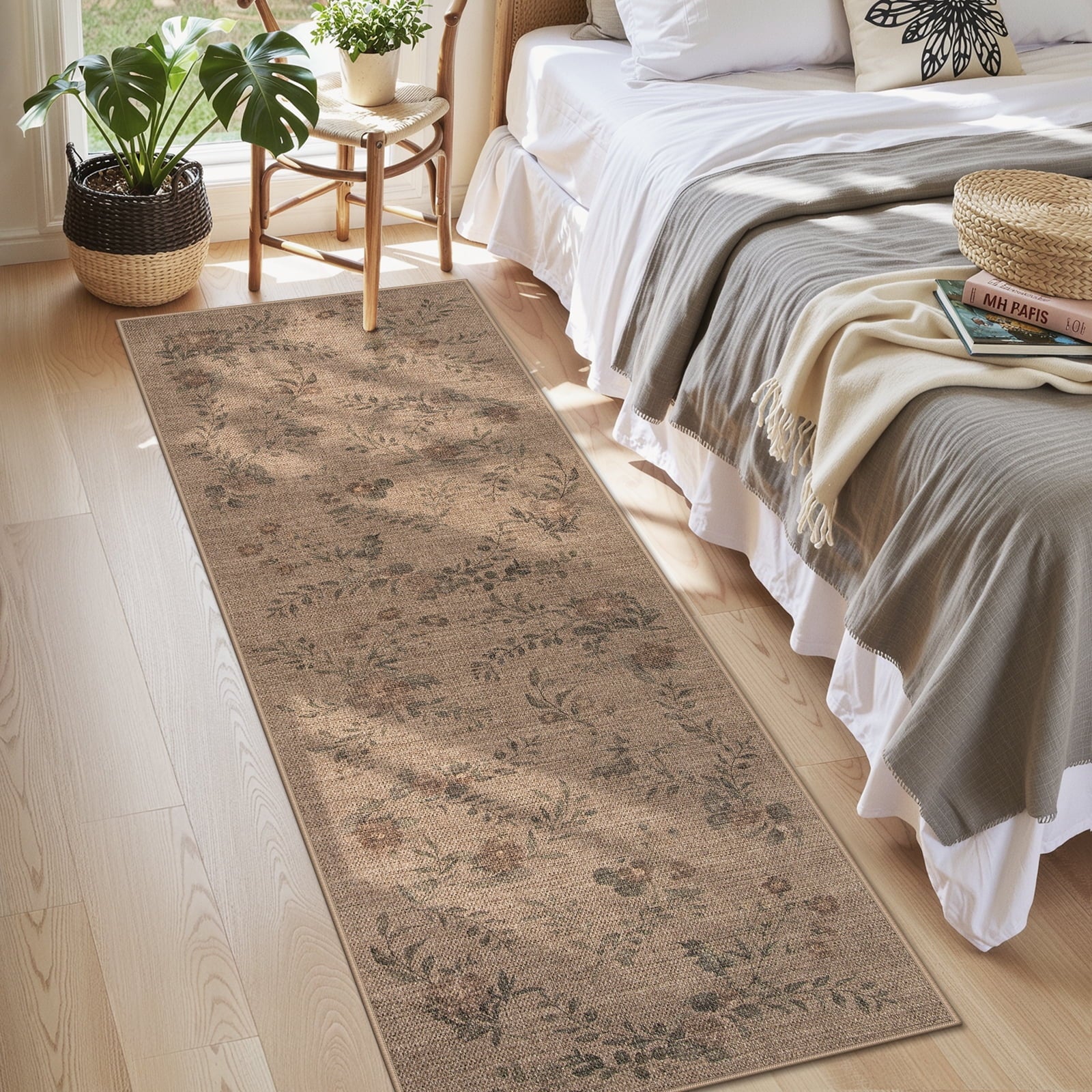 SUNDEREY Floral Easy Jute Rug,Area Rug Washable Bedroom Rug,Easy Jute Indoor Outdoor Carpet, Farmhouse Non Slip Khaki Floor Rug for Dining Room Office Entrance Kitchen Walmart Walmart 2'x6' Butterfly & Fleur