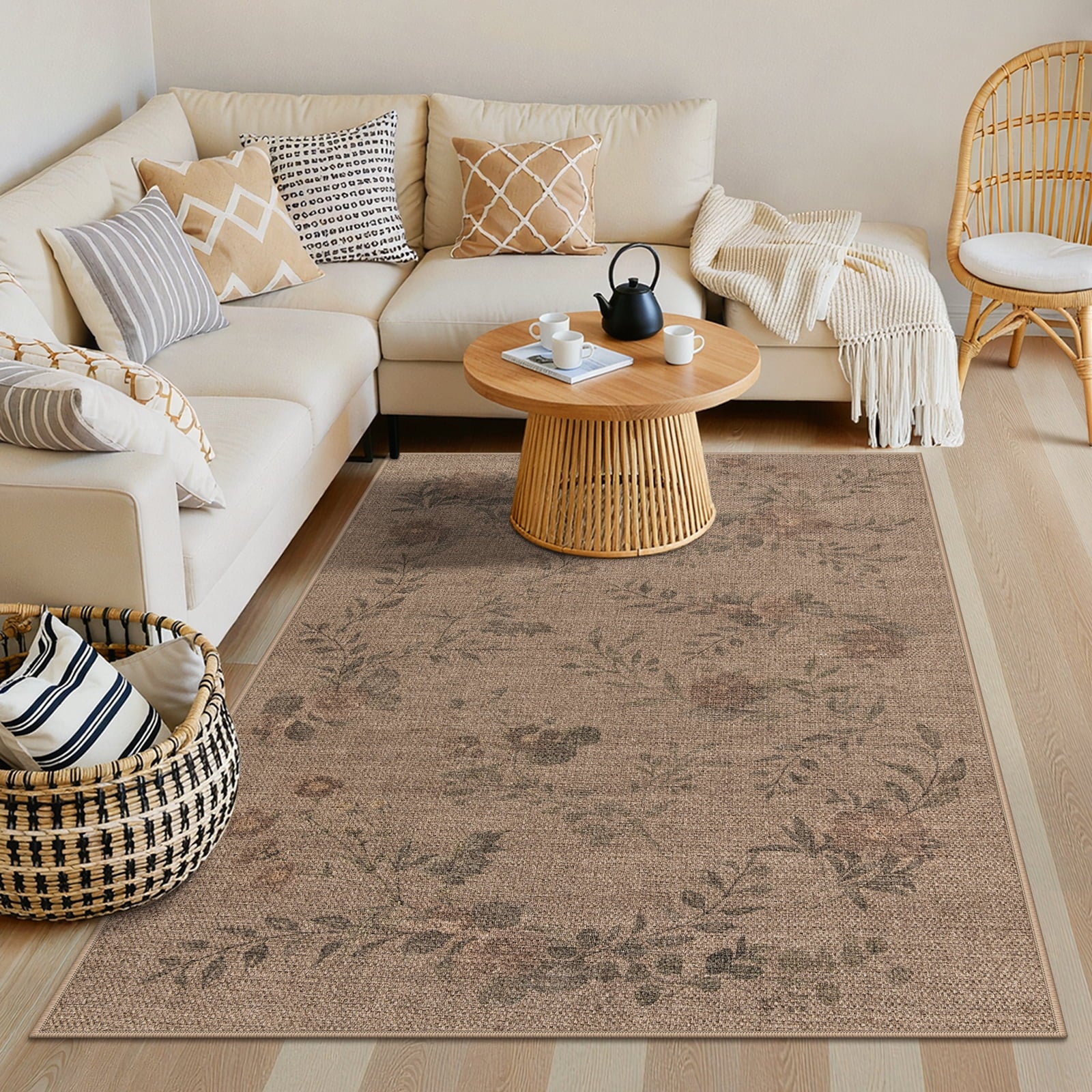 SUNDEREY Floral Easy Jute Rug,Area Rug Washable Bedroom Rug,Easy Jute Indoor Outdoor Carpet, Farmhouse Non Slip Khaki Floor Rug for Dining Room Office Entrance Kitchen Walmart Walmart 5' x 7' Butterfly & Fleur