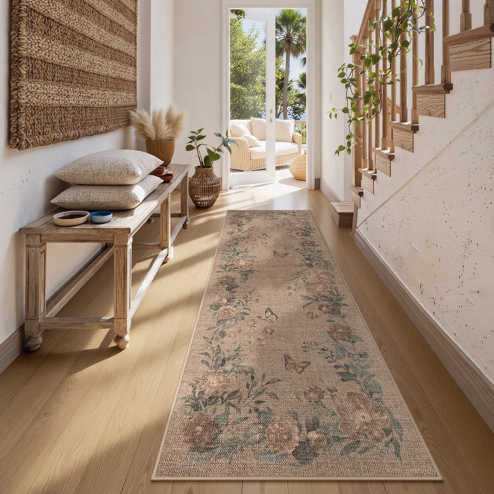 SUNDEREY Floral Easy Jute Rug,Area Rug Washable Bedroom Rug,Easy Jute Indoor Outdoor Carpet, Farmhouse Non Slip Khaki Floor Rug for Dining Room Office Entrance Kitchen Walmart Walmart 2'6''x8' Vine & Fleur