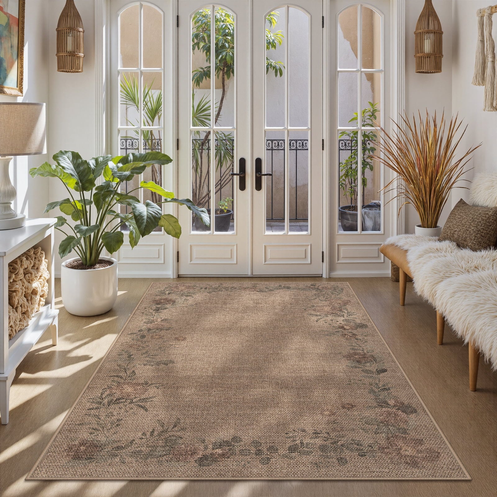 SUNDEREY Floral Easy Jute Rug,Area Rug Washable Bedroom Rug,Easy Jute Indoor Outdoor Carpet, Farmhouse Non Slip Khaki Floor Rug for Dining Room Office Entrance Kitchen Walmart Walmart