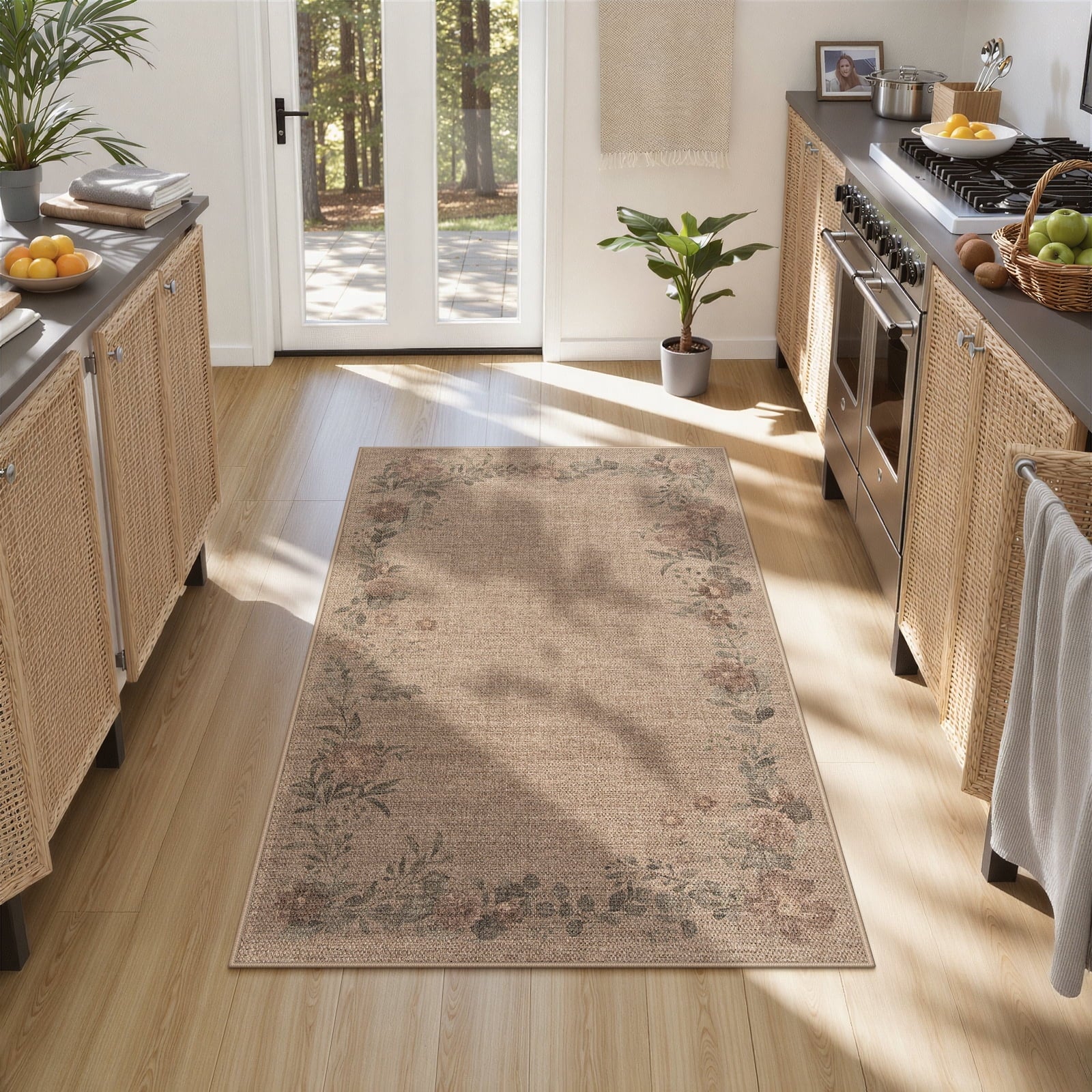 SUNDEREY Floral Easy Jute Rug,Area Rug Washable Bedroom Rug,Easy Jute Indoor Outdoor Carpet, Farmhouse Non Slip Khaki Floor Rug for Dining Room Office Entrance Kitchen Walmart Walmart