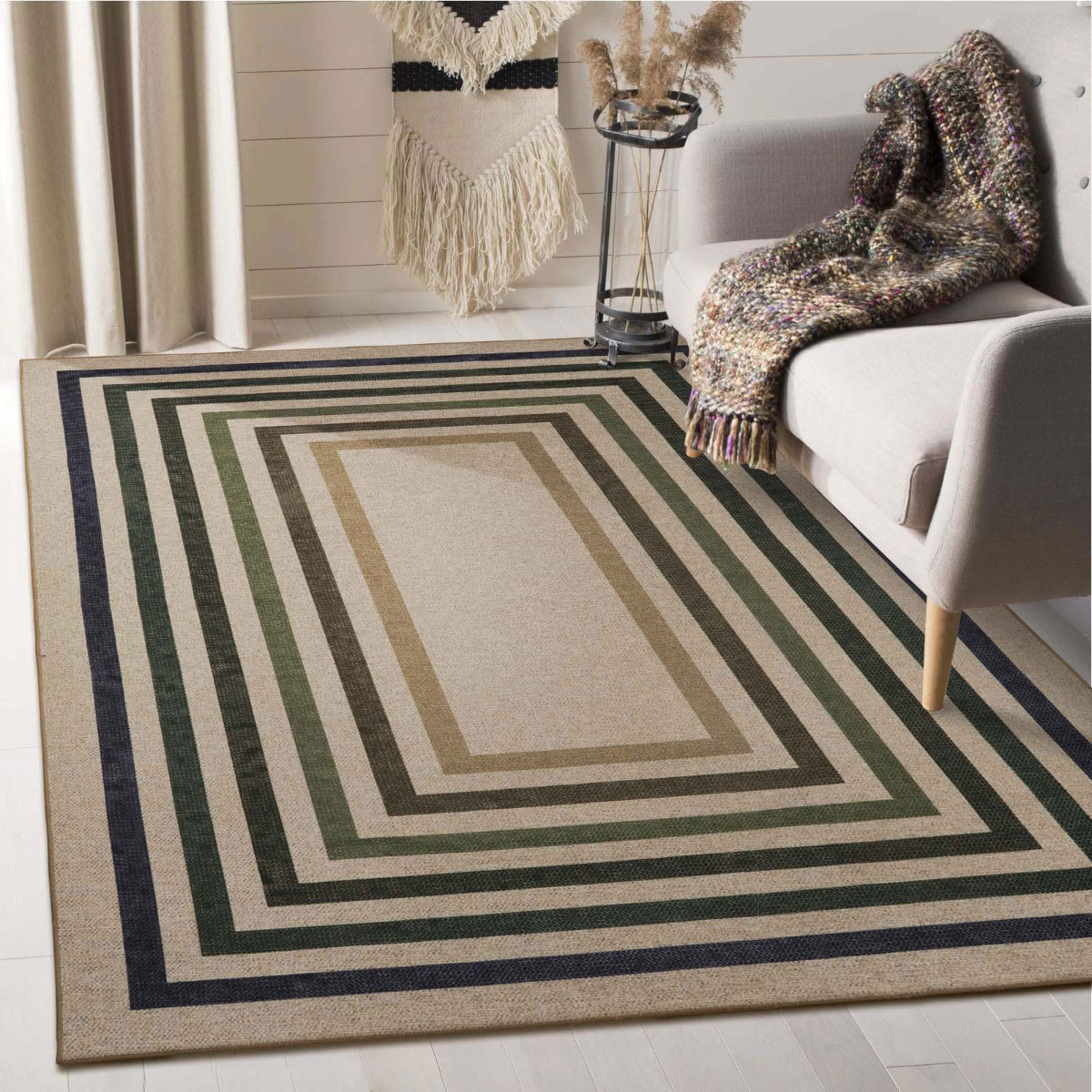 Modern Geometric Neutral Easy-Jute Rug with Border | Lahome