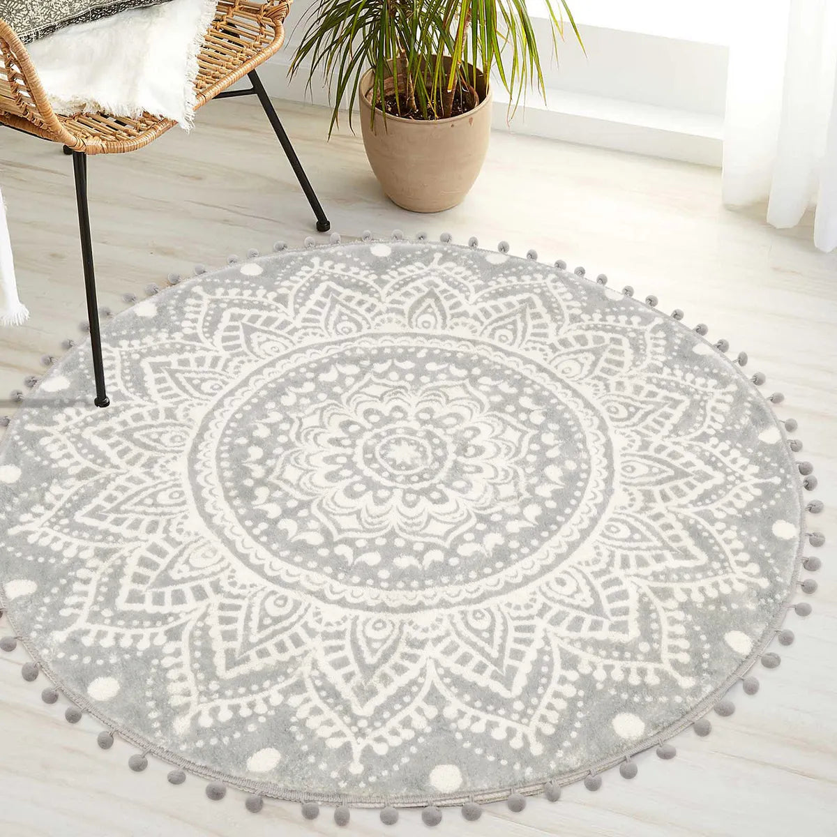 Nova Boho Mandala Stil Waschbarer Grauer Runder Teppich Area Rugs Lahome
