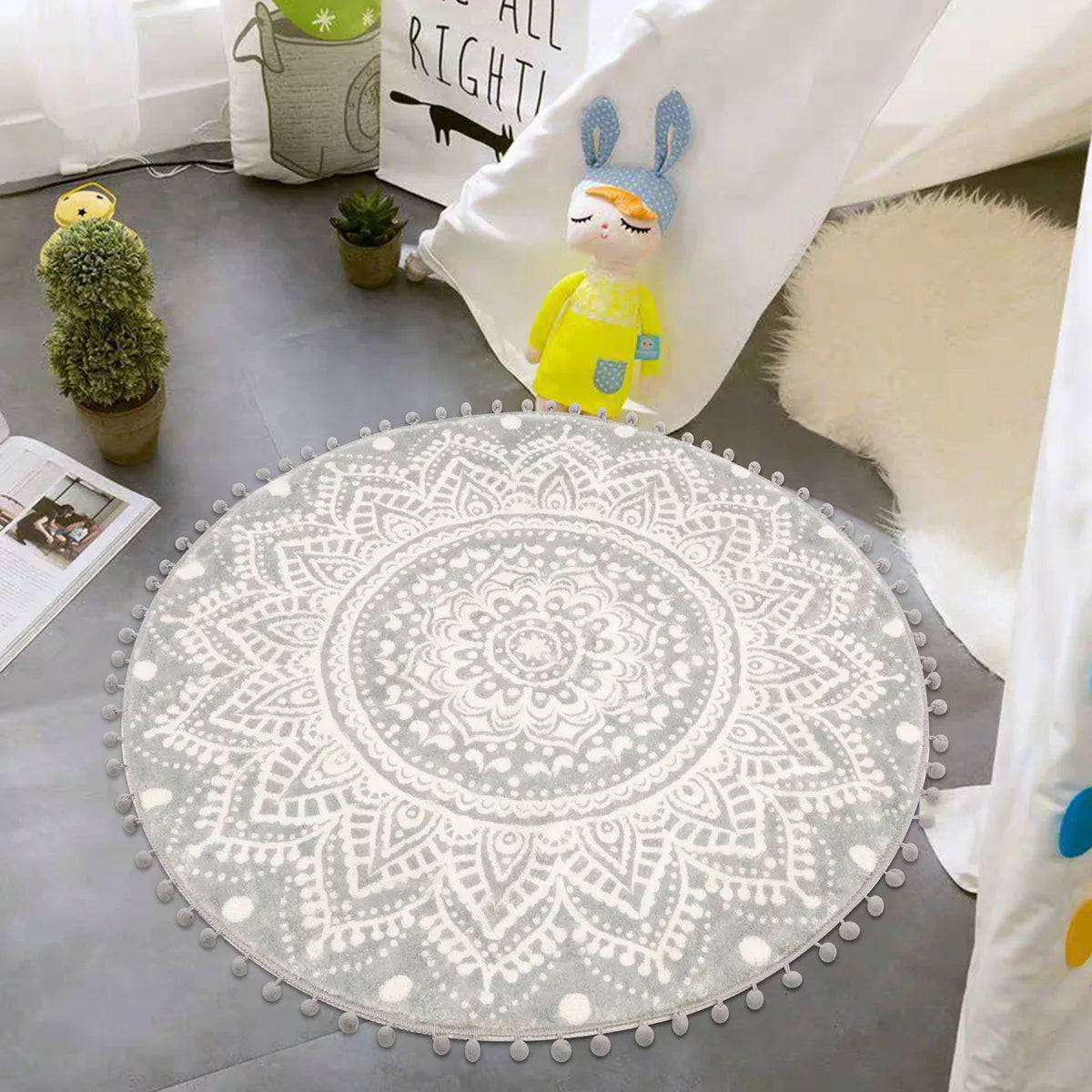 Nova Boho Mandala Stil Waschbarer Grauer Runder Teppich Area Rugs Lahome