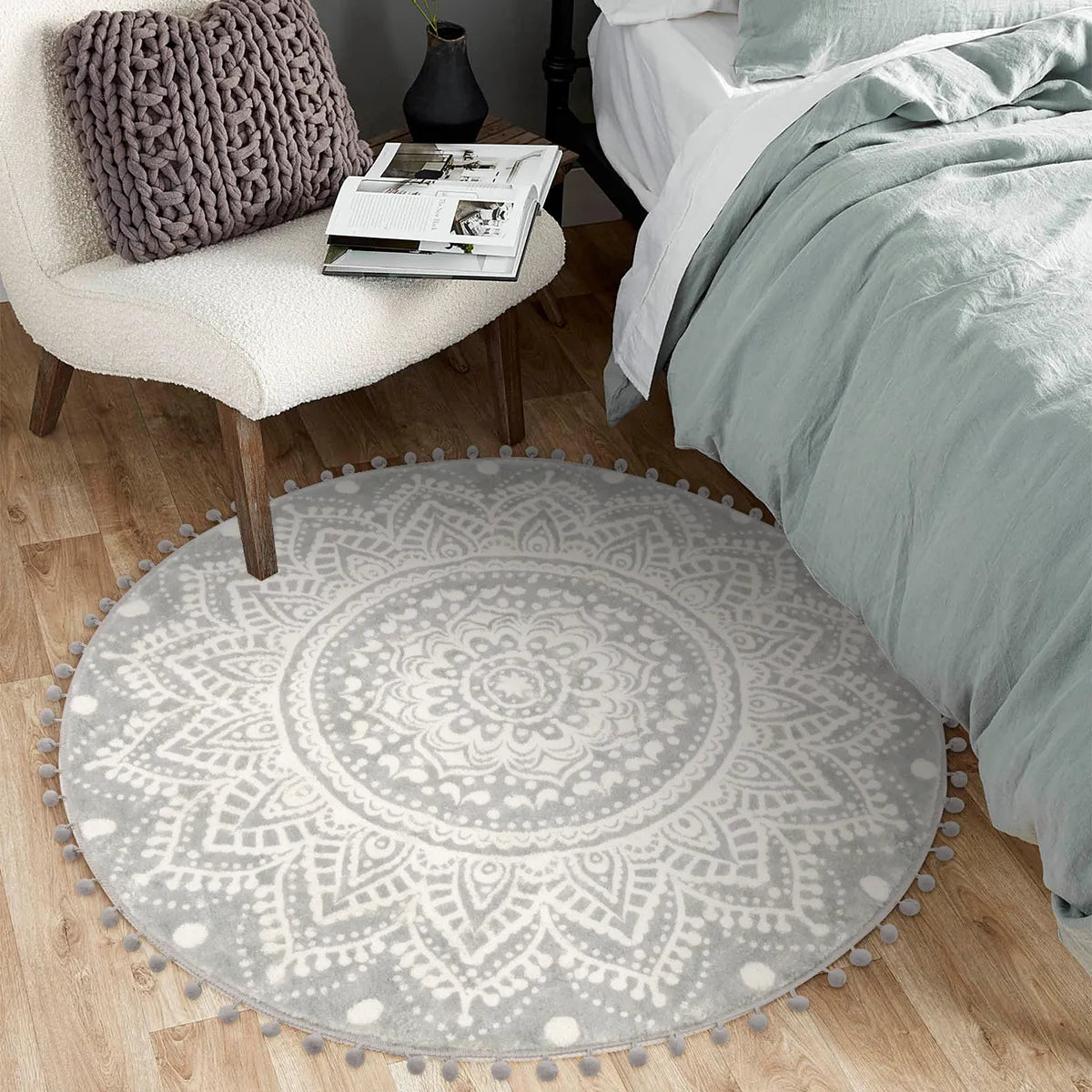Nova Boho Mandala Stil Waschbarer Grauer Runder Teppich Area Rugs Lahome