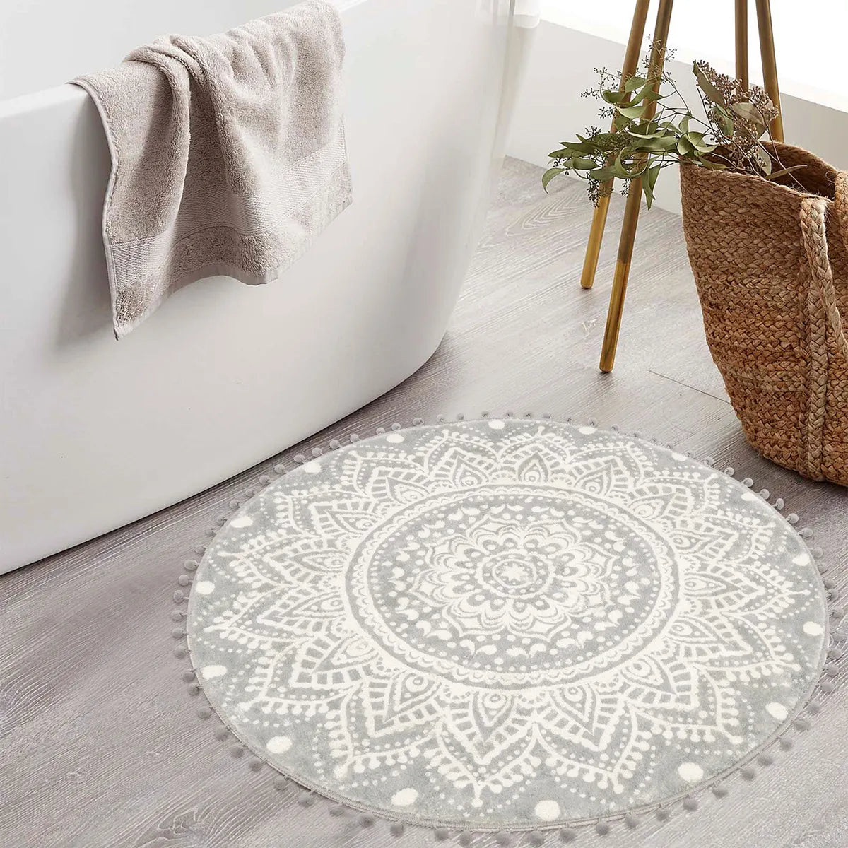 Nova Boho Mandala Stil Waschbarer Grauer Runder Teppich Area Rugs Lahome 90 cm (Rund)