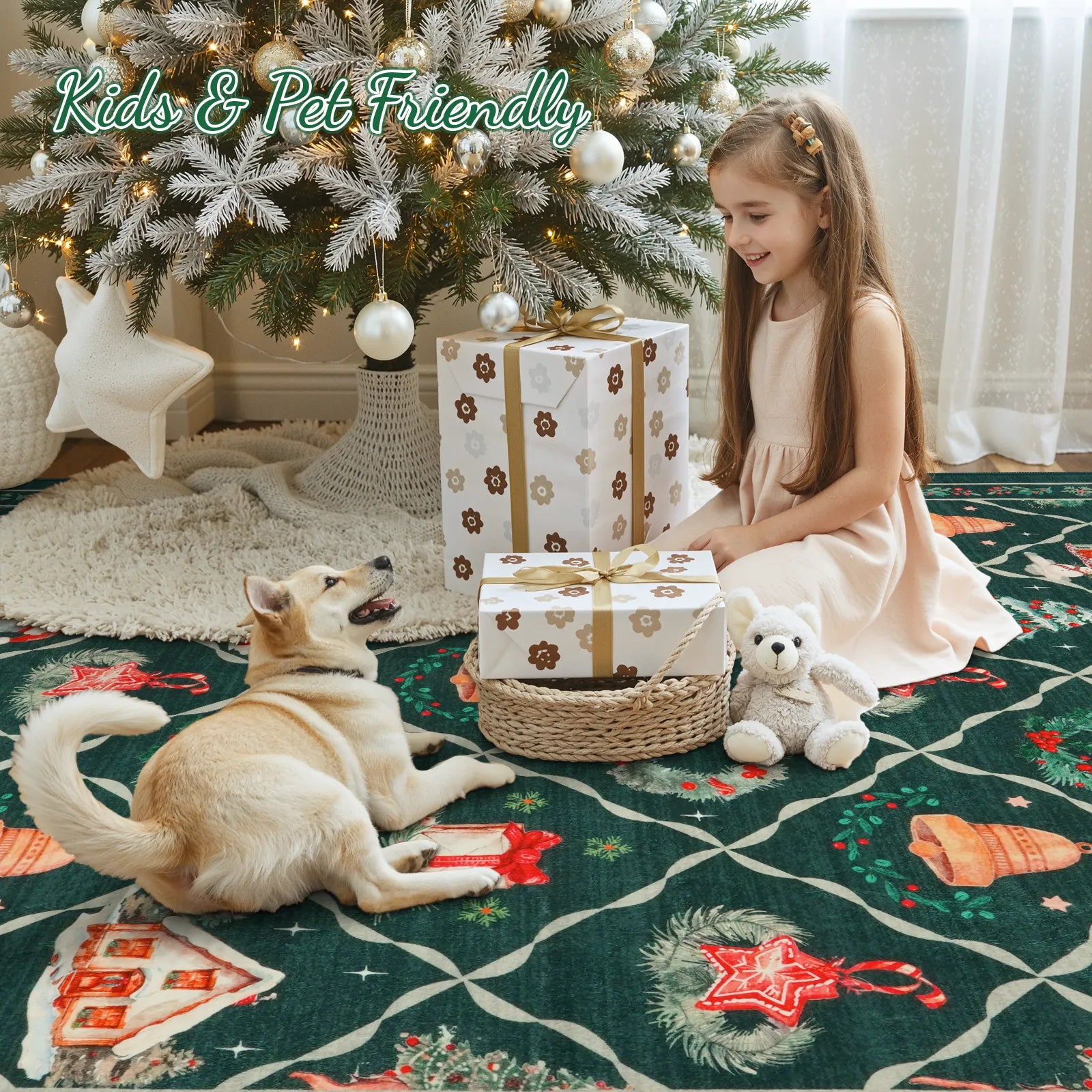 Ondule Christmas Washable Wreath Tree Plaid Ivory Green Rug Area Rugs Lahome
