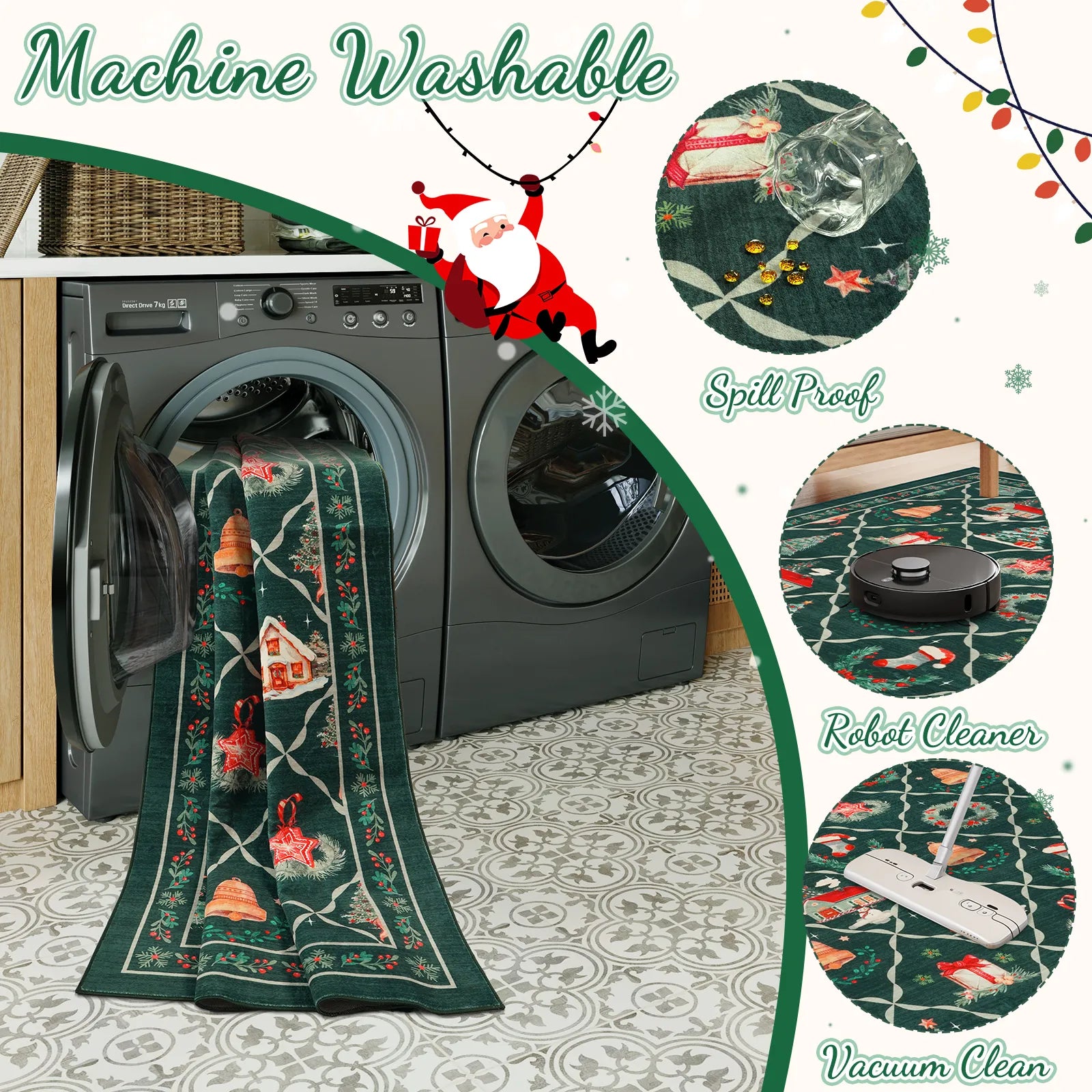 Ondule Christmas Washable Wreath Tree Plaid Ivory Green Rug Area Rugs Lahome