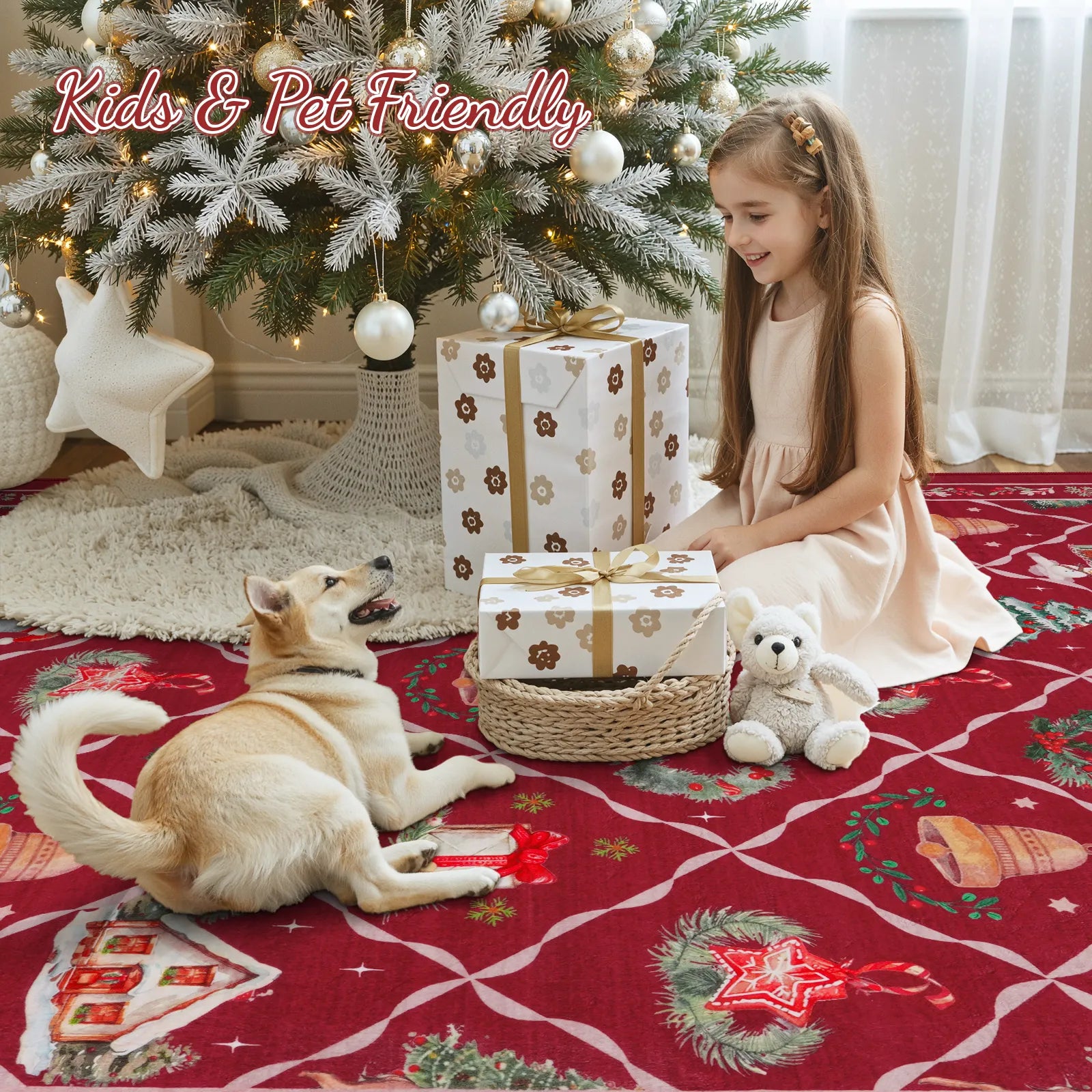 Ondule Christmas Washable Wreath Tree Plaid Ivory Red Rug Area Rugs Lahome