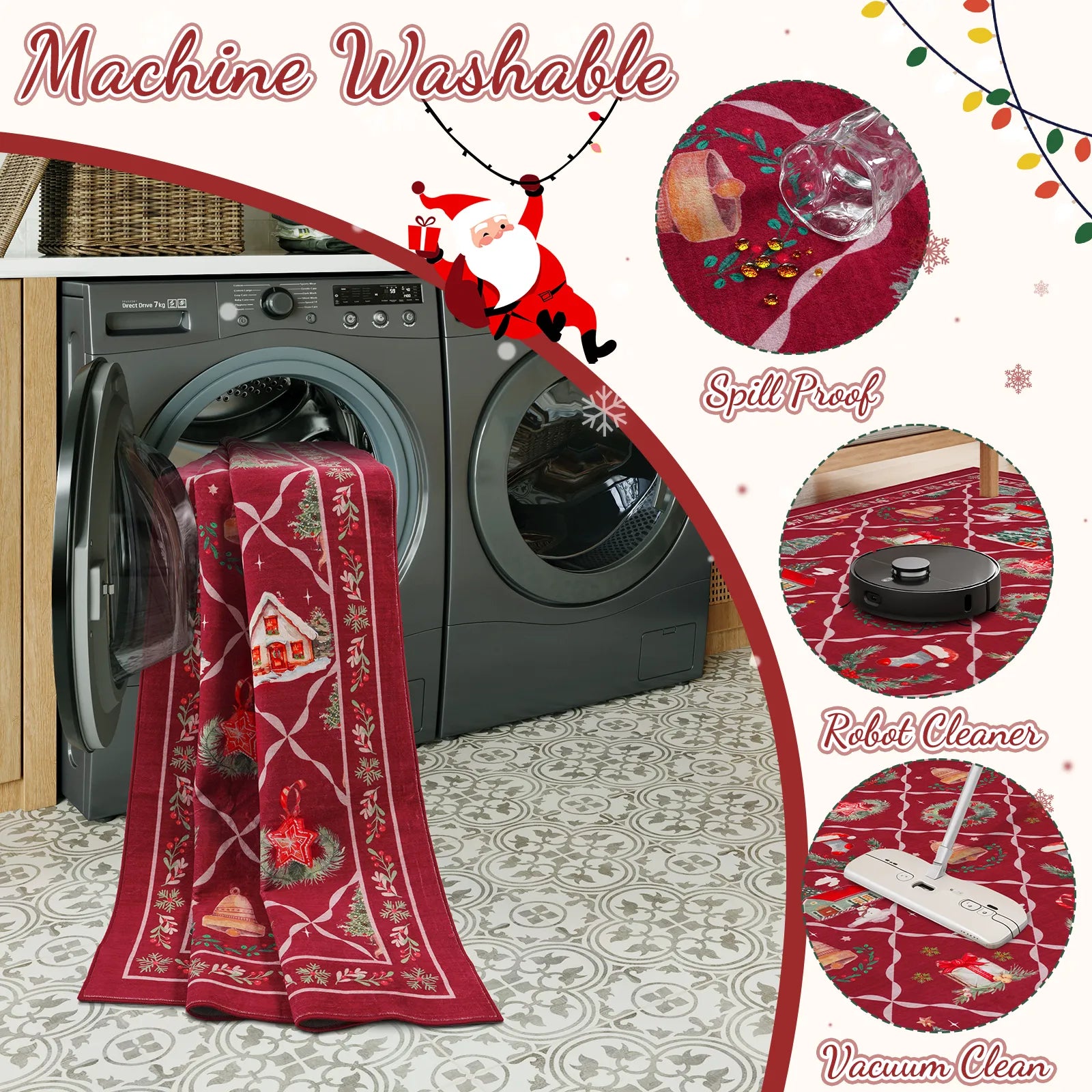 Ondule Christmas Washable Wreath Tree Plaid Ivory Red Rug Area Rugs Lahome