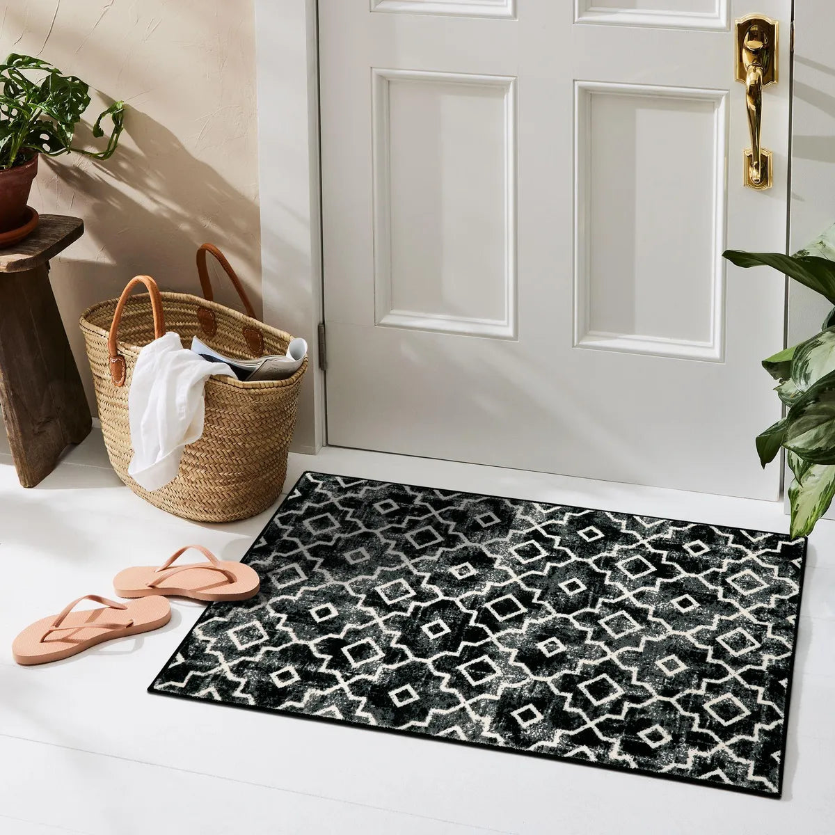 Sierra Moderner Stil Marokkanisches Muster Waschbarer Teppich in Schwarz Area Rugs Lahome 60 x 90 cm (Rechteckig)