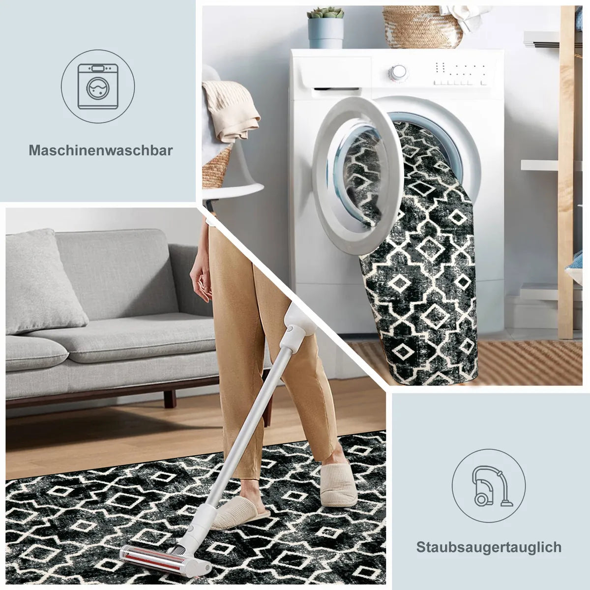 Sierra Moderner Stil Marokkanisches Muster Waschbarer Teppich in Schwarz Area Rugs Lahome