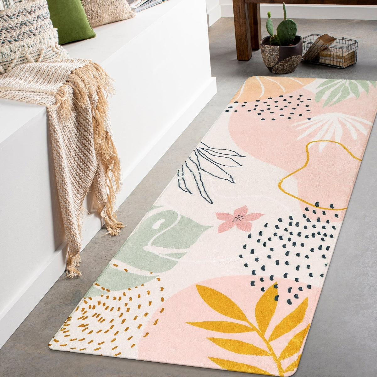 Washable Pink Botanical Leaf Rug | Kiki Modern Style - Lahome